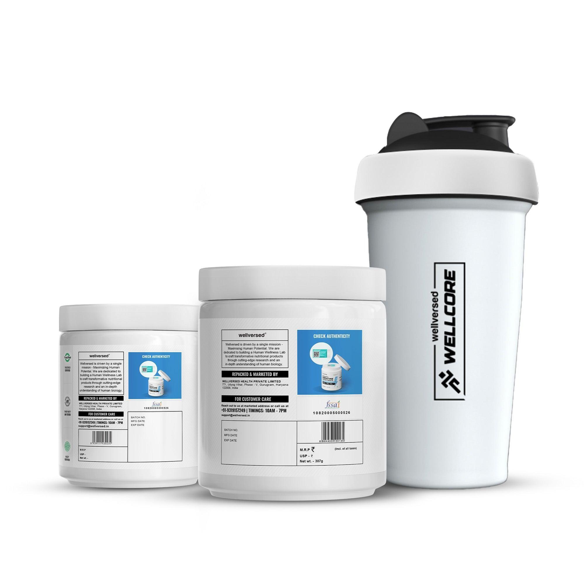 Wellcore - Micronised Creatine Monohydrate (83 Servings, Tropical Tango) + Creatine (33 Servings, Unflavoured) + Steel Shaker
