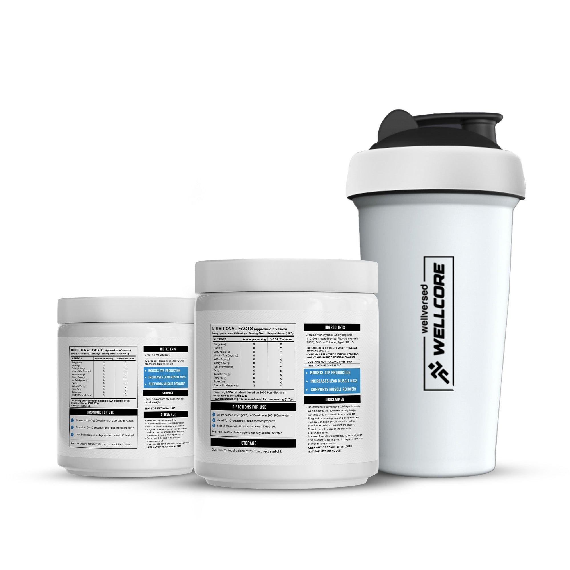 Wellcore - Micronised Creatine Monohydrate (83 Servings, Tropical Tango) + Creatine (33 Servings, Unflavoured) + Steel Shaker