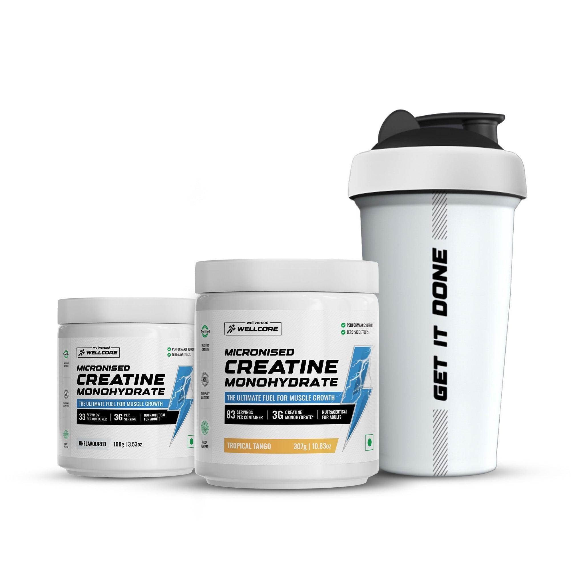 Wellcore - Micronised Creatine Monohydrate (83 Servings, Tropical Tango) + Creatine (33 Servings, Unflavoured) + Steel Shaker