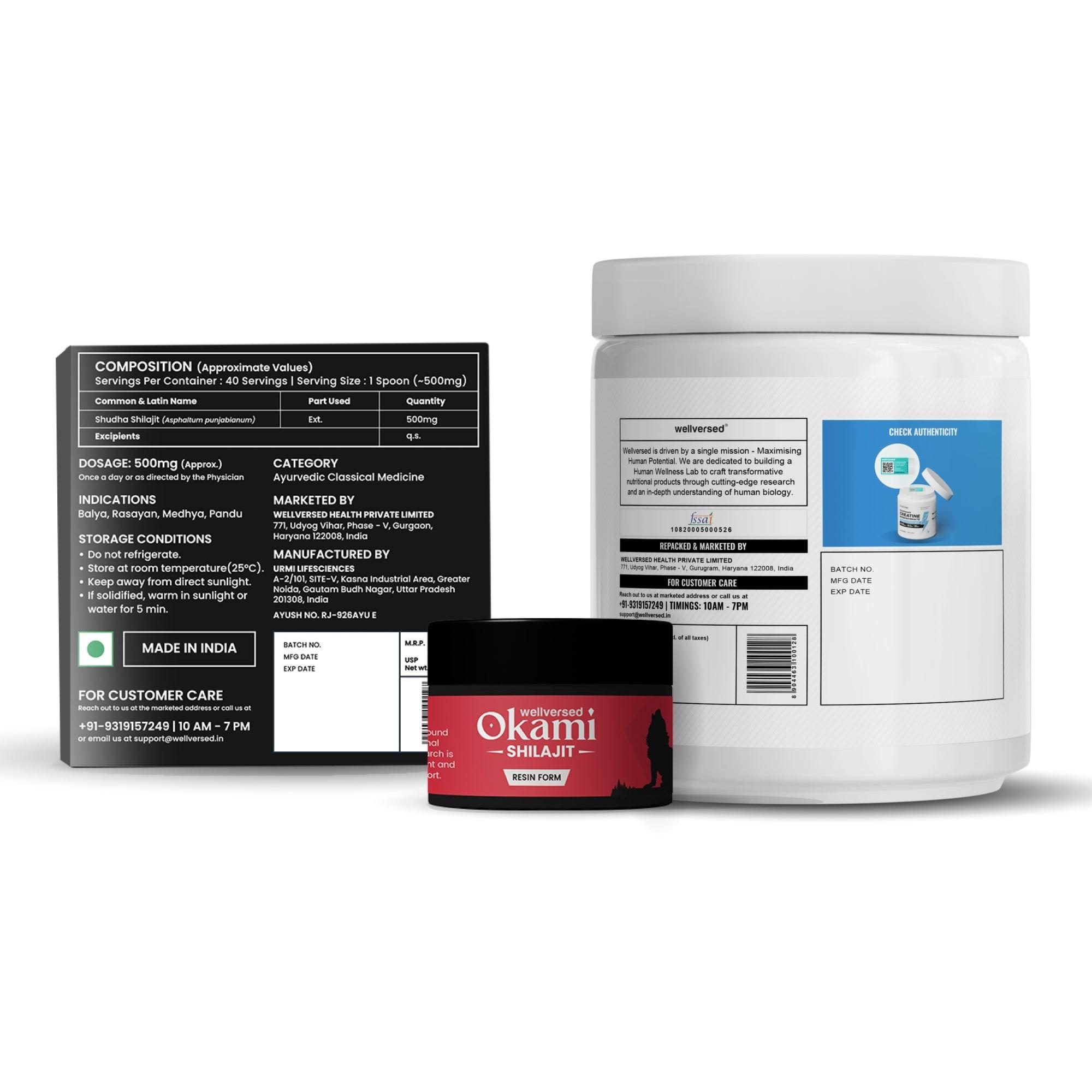 Wellcore Creatine (33 Servings, Unflavoured) + Okami Shilajit Resin (20g)