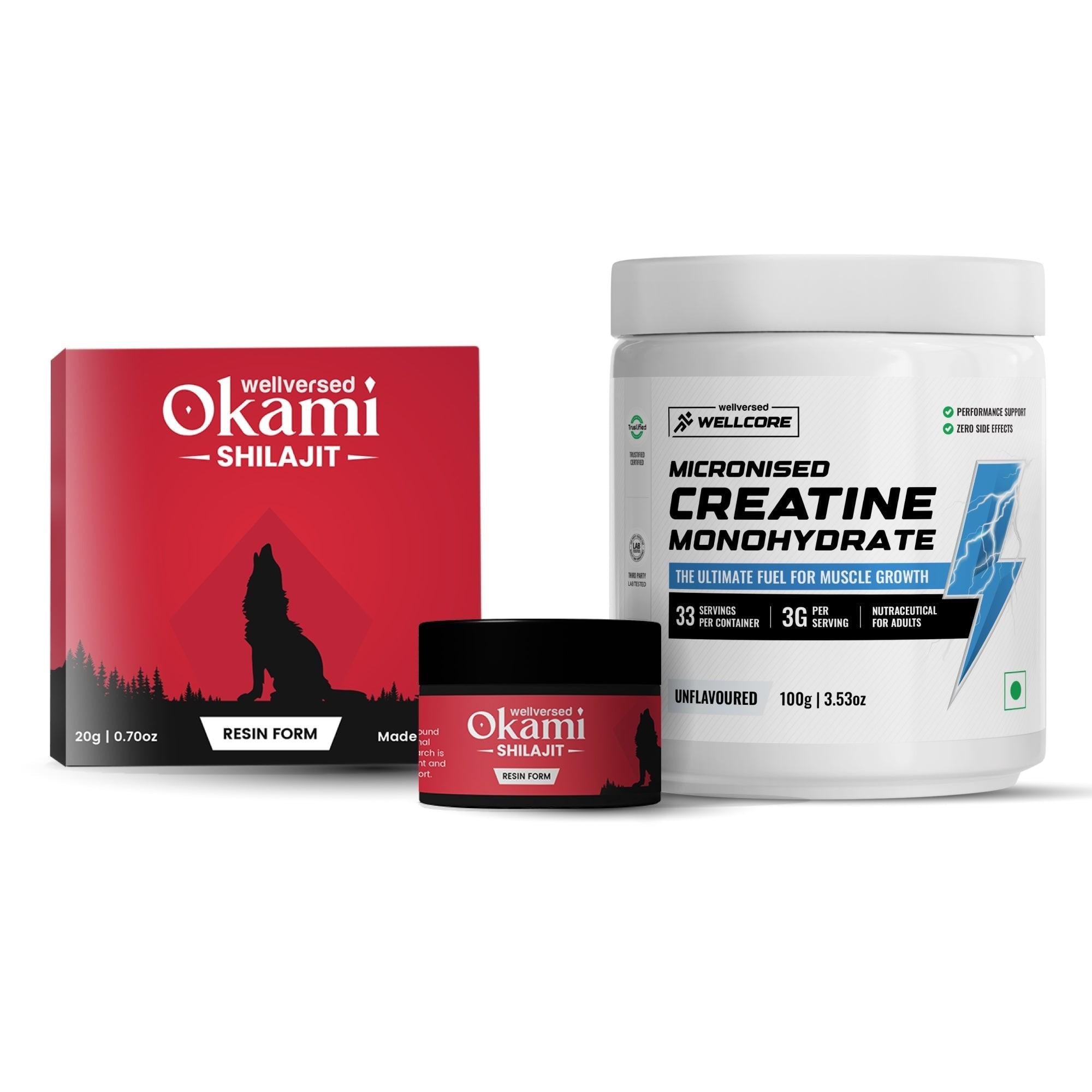 Wellcore Creatine (33 Servings, Unflavoured) + Okami Shilajit Resin (20g)