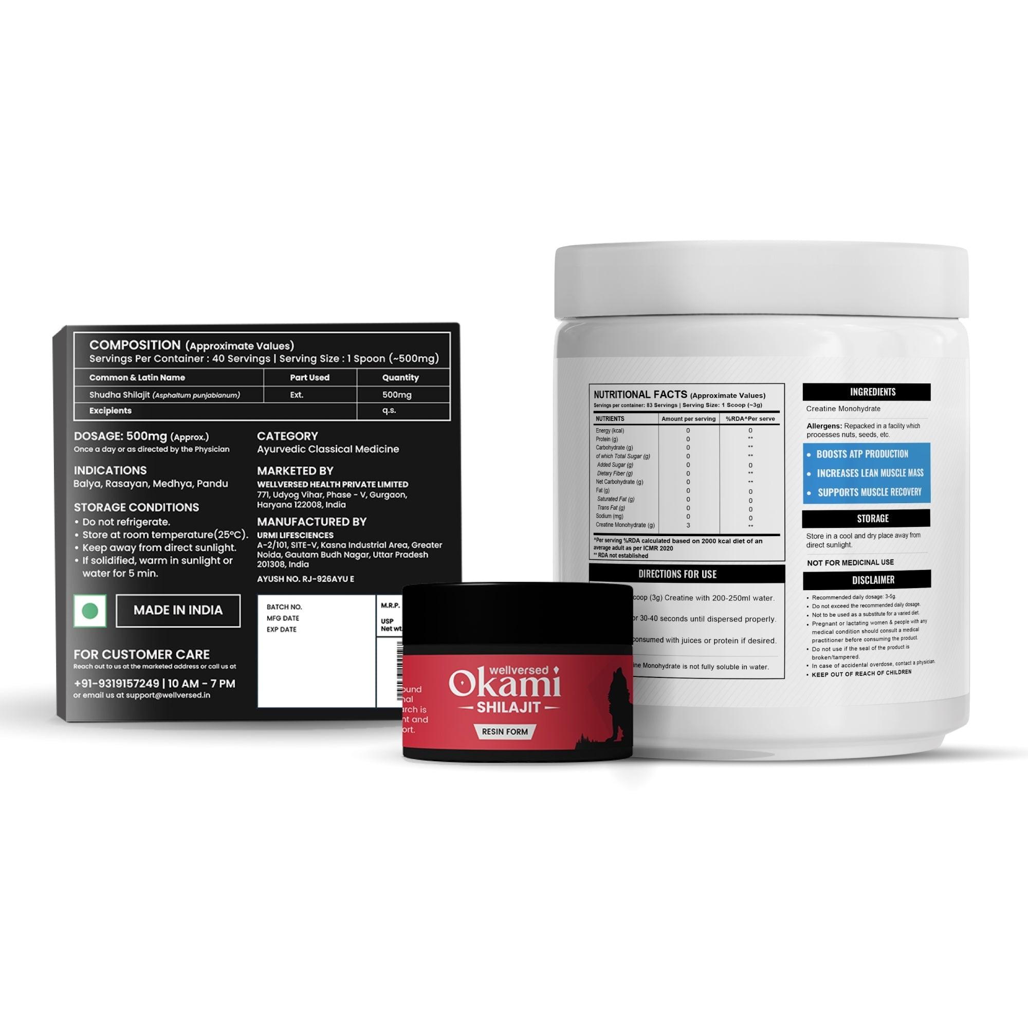 Wellcore Creatine (33 Servings, Unflavoured) + Okami Shilajit Resin (20g)