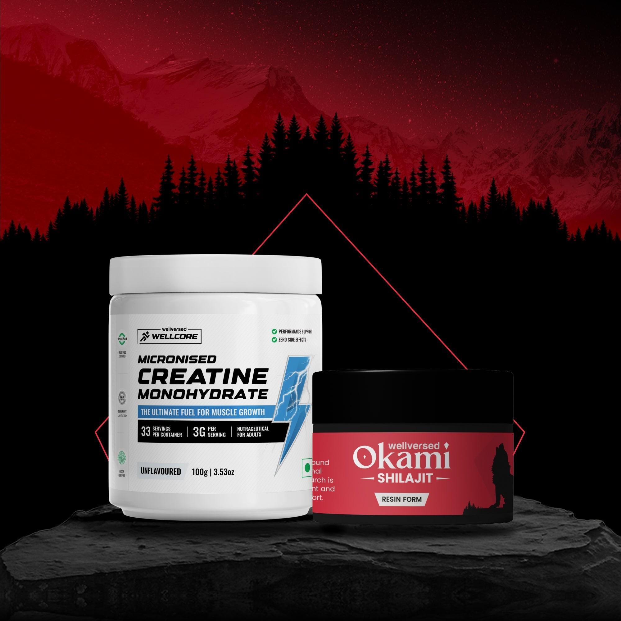 Wellcore Creatine (33 Servings, Unflavoured) + Okami Shilajit Resin (20g)