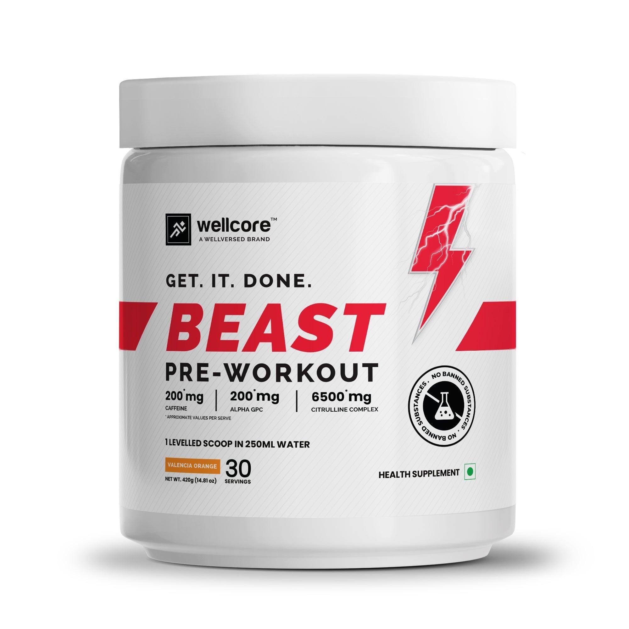 Wellcore - Beast Mode Pre Workout Supplement | Valencia Orange - (420g, 30 Servs)