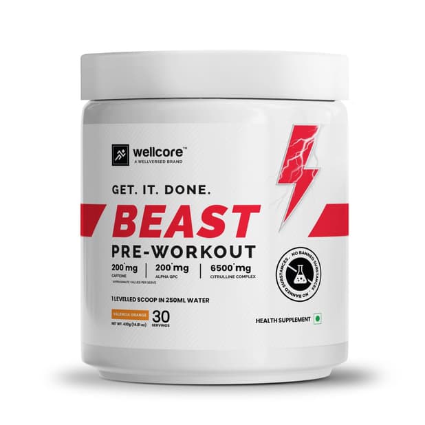 Wellcore - Beast Mode Pre Workout Supplement | Valencia Orange - (420g, 30 Servs)