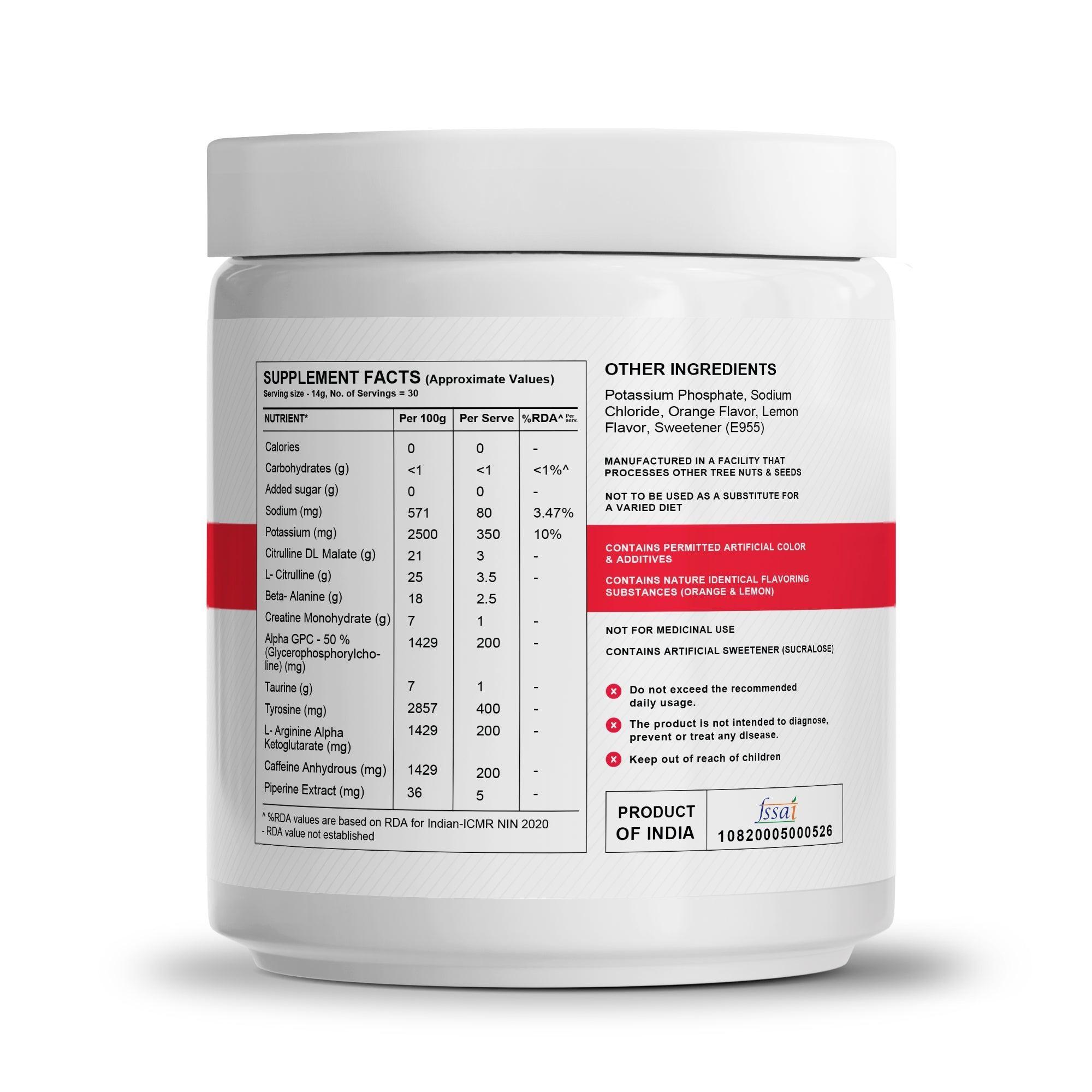 Wellcore - Beast Mode Pre Workout Supplement | Valencia Orange - (420g, 30 Servs)