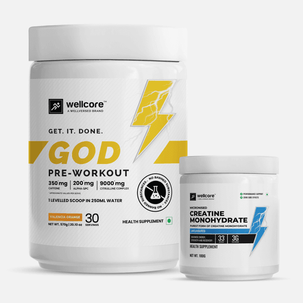 Wellcore - Next Generation Energy COMBO - Creatine Monohydrate (100g, 33 Servings) and GOD Mode Pre Workout (570g, 30 Servings)