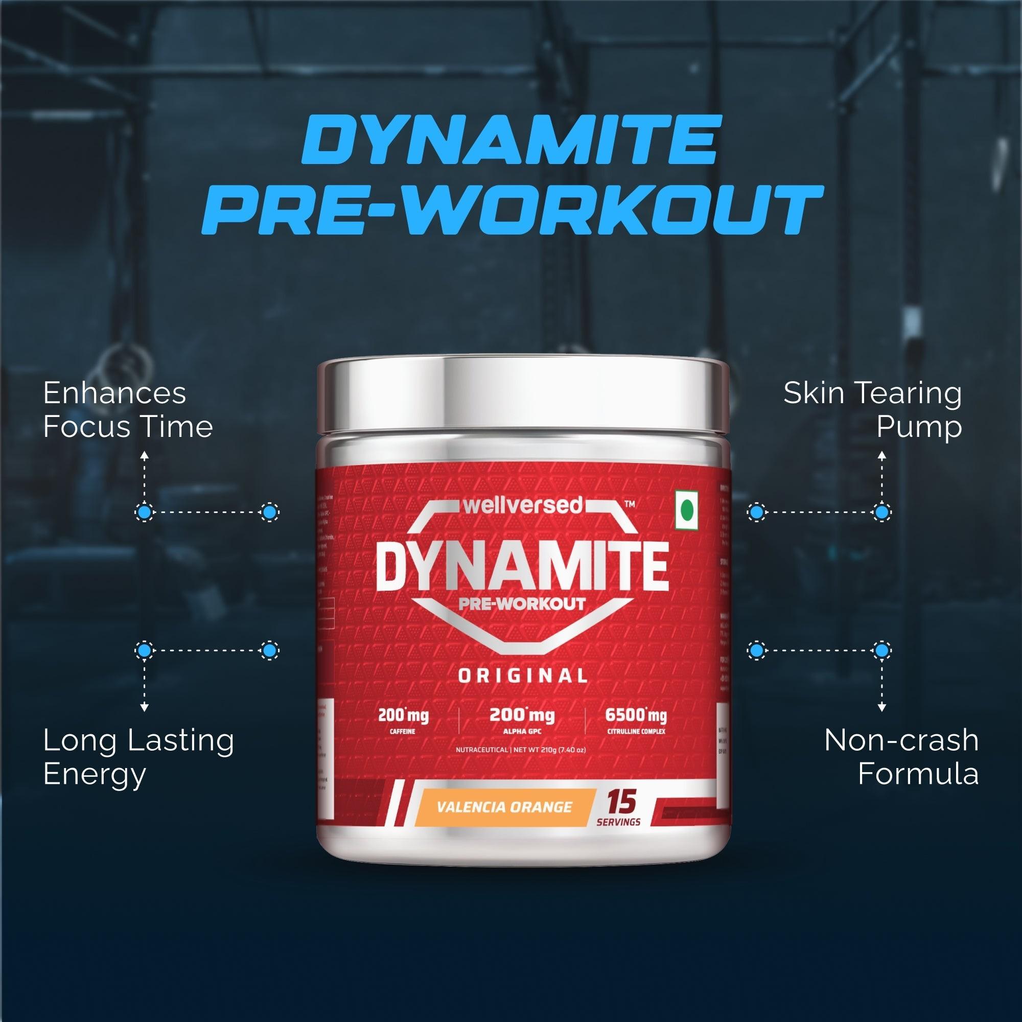Wellcore Creatine Monohydrate Powder (307g, 83 Servings, Fruit Fusion) + Dynamite Pre-Workout Powder (210g,15 Servings, Valencia Orange)