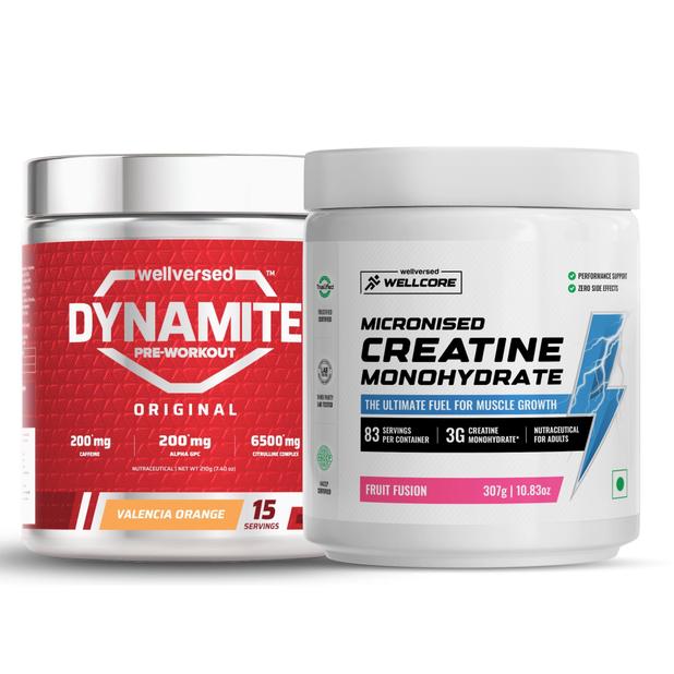 Wellcore Creatine Monohydrate Powder (307g, 83 Servings, Fruit Fusion) + Dynamite Pre-Workout Powder (210g,15 Servings, Valencia Orange)