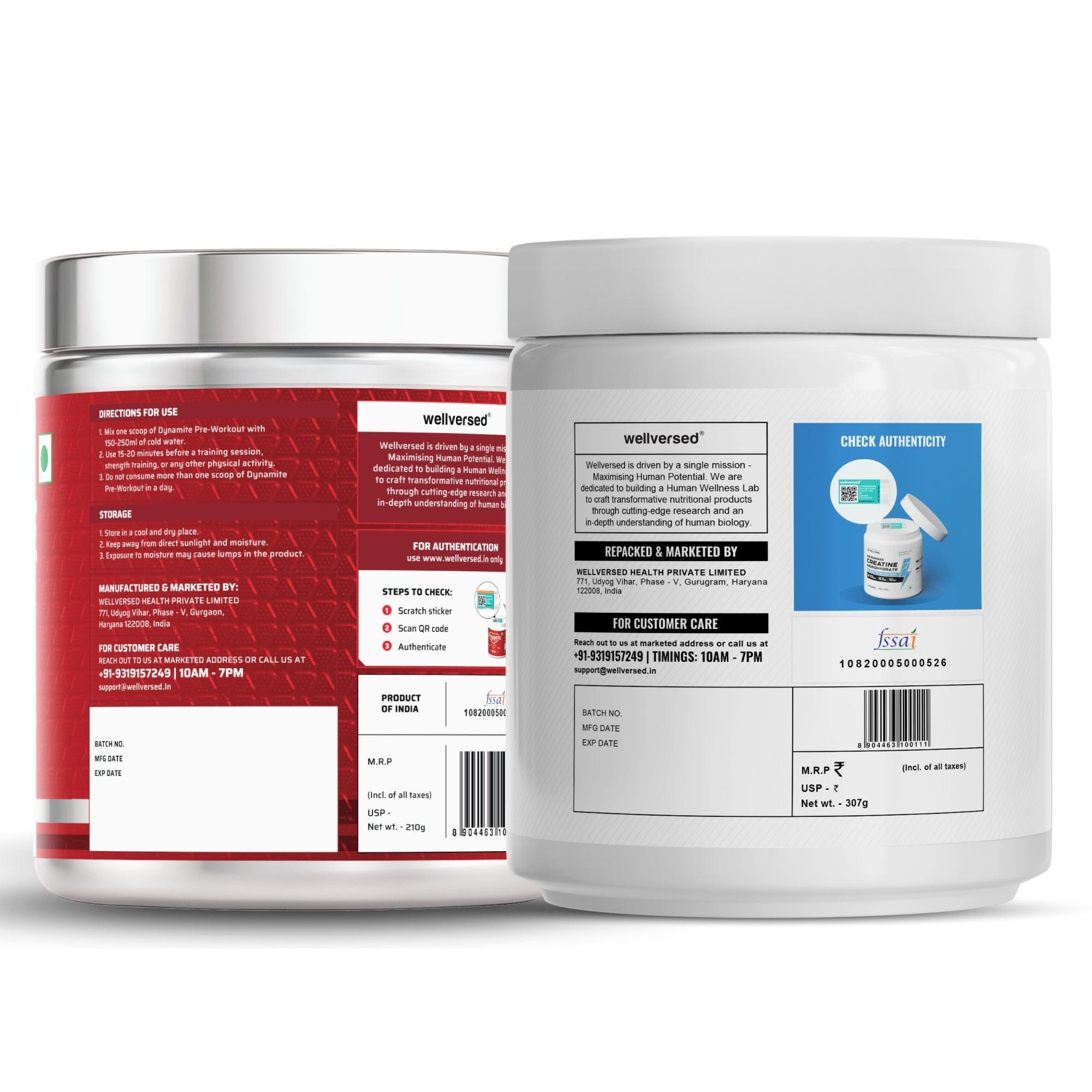 Wellcore Creatine Monohydrate Powder (307g, 83 Servings, Fruit Fusion) + Dynamite Pre-Workout Powder (210g,15 Servings, Valencia Orange)