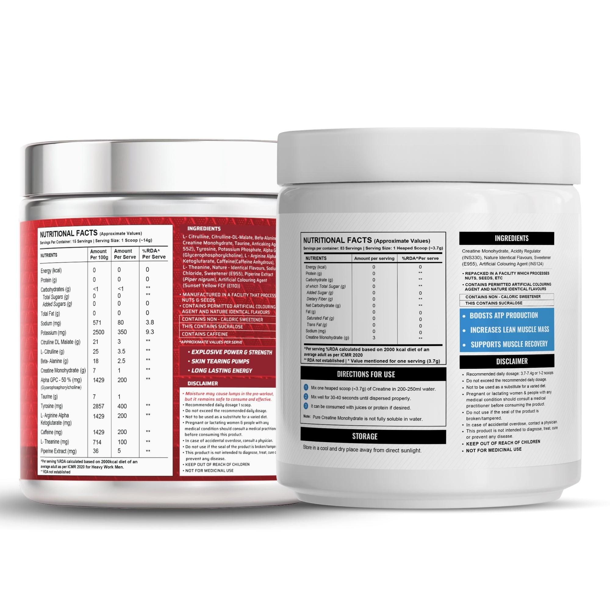 Wellcore Creatine Monohydrate Powder (307g, 83 Servings, Fruit Fusion) + Dynamite Pre-Workout Powder (210g,15 Servings, Valencia Orange)