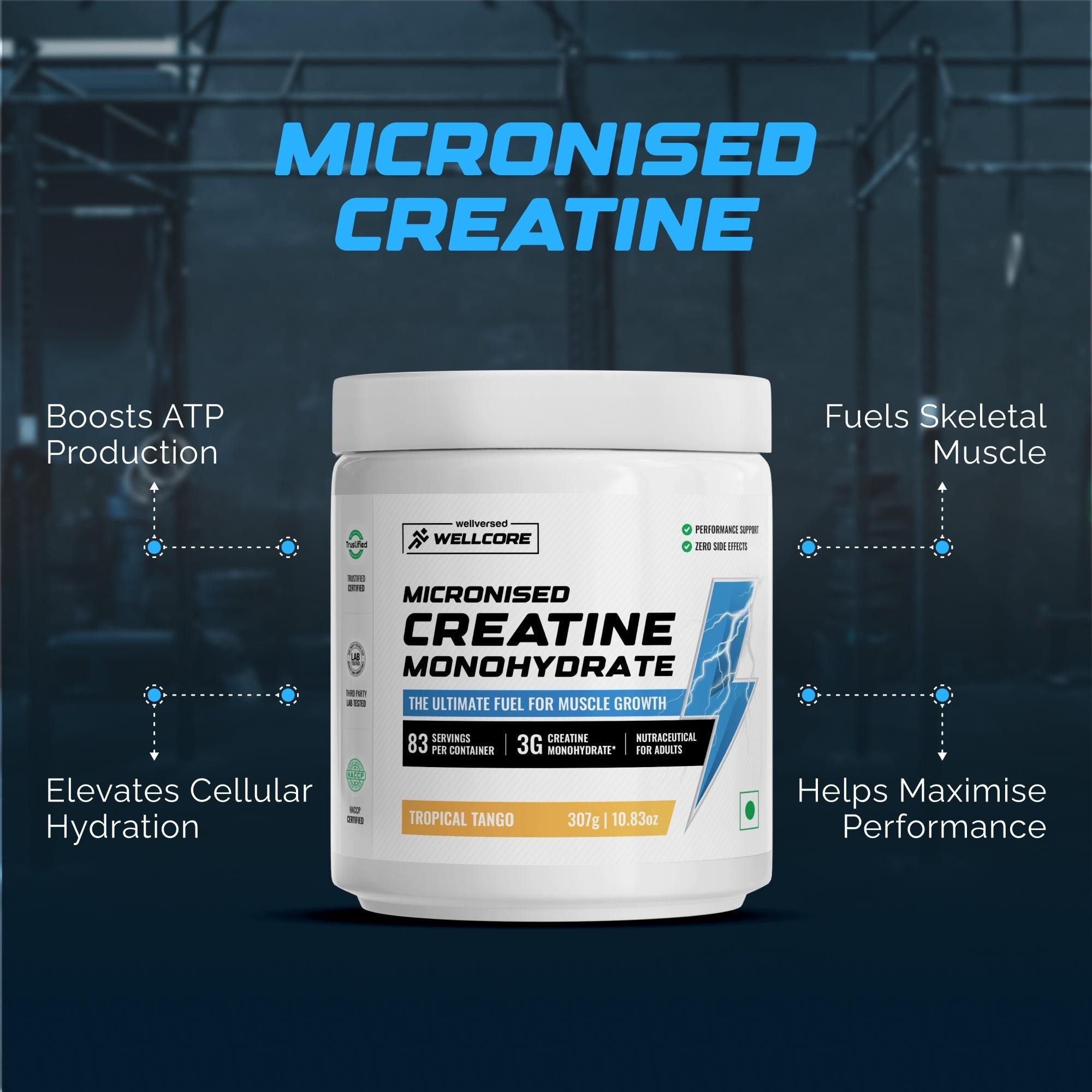 Wellcore Creatine Monohydrate Powder (307g, 83 Servings, Tropical Tango) + Dynamite Pre-Workout Powder (210g,15 Servings, Fruit Blast)