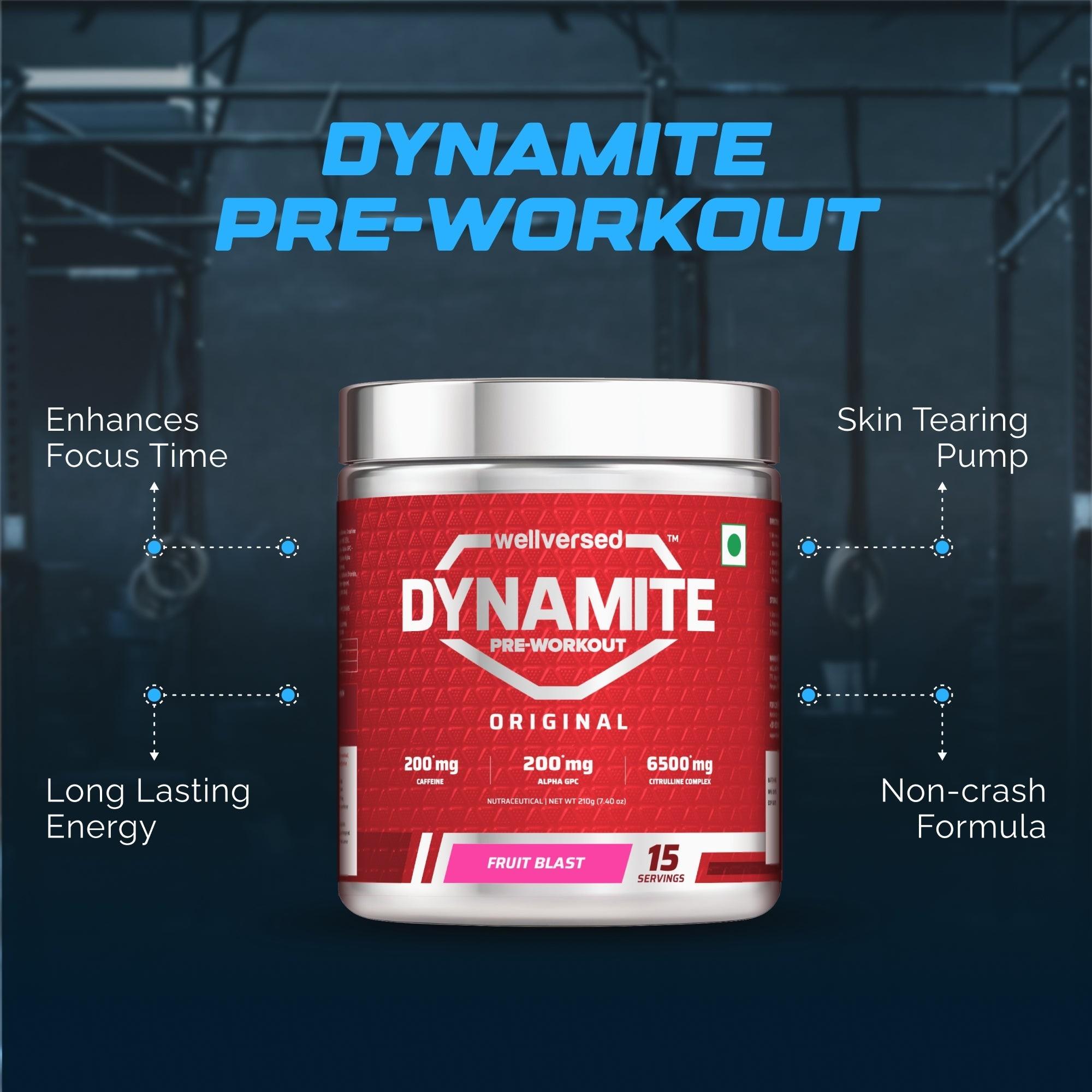 Wellcore Creatine Monohydrate Powder (307g, 83 Servings, Tropical Tango) + Dynamite Pre-Workout Powder (210g,15 Servings, Fruit Blast)