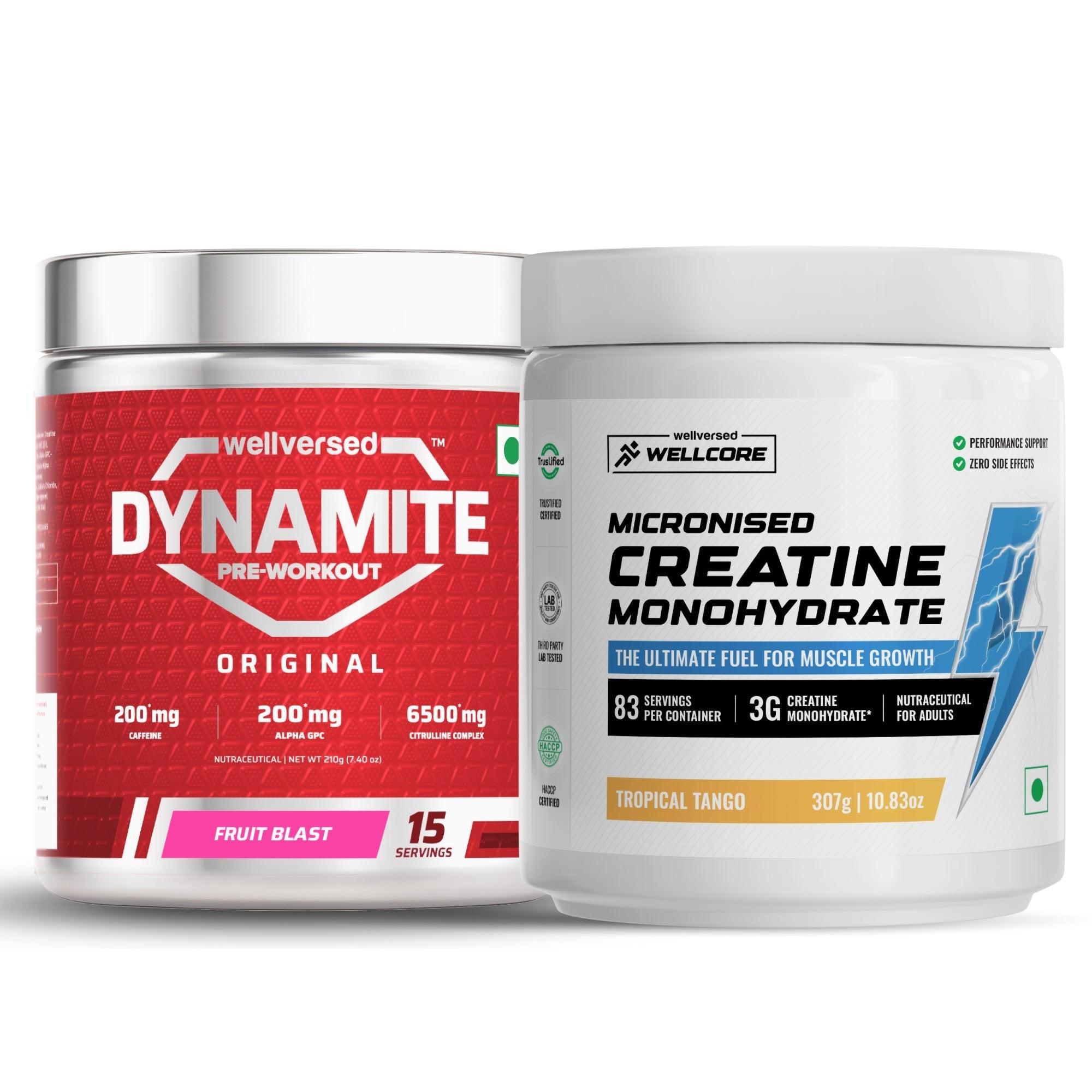 Wellcore Creatine Monohydrate Powder (307g, 83 Servings, Tropical Tango) + Dynamite Pre-Workout Powder (210g,15 Servings, Fruit Blast)