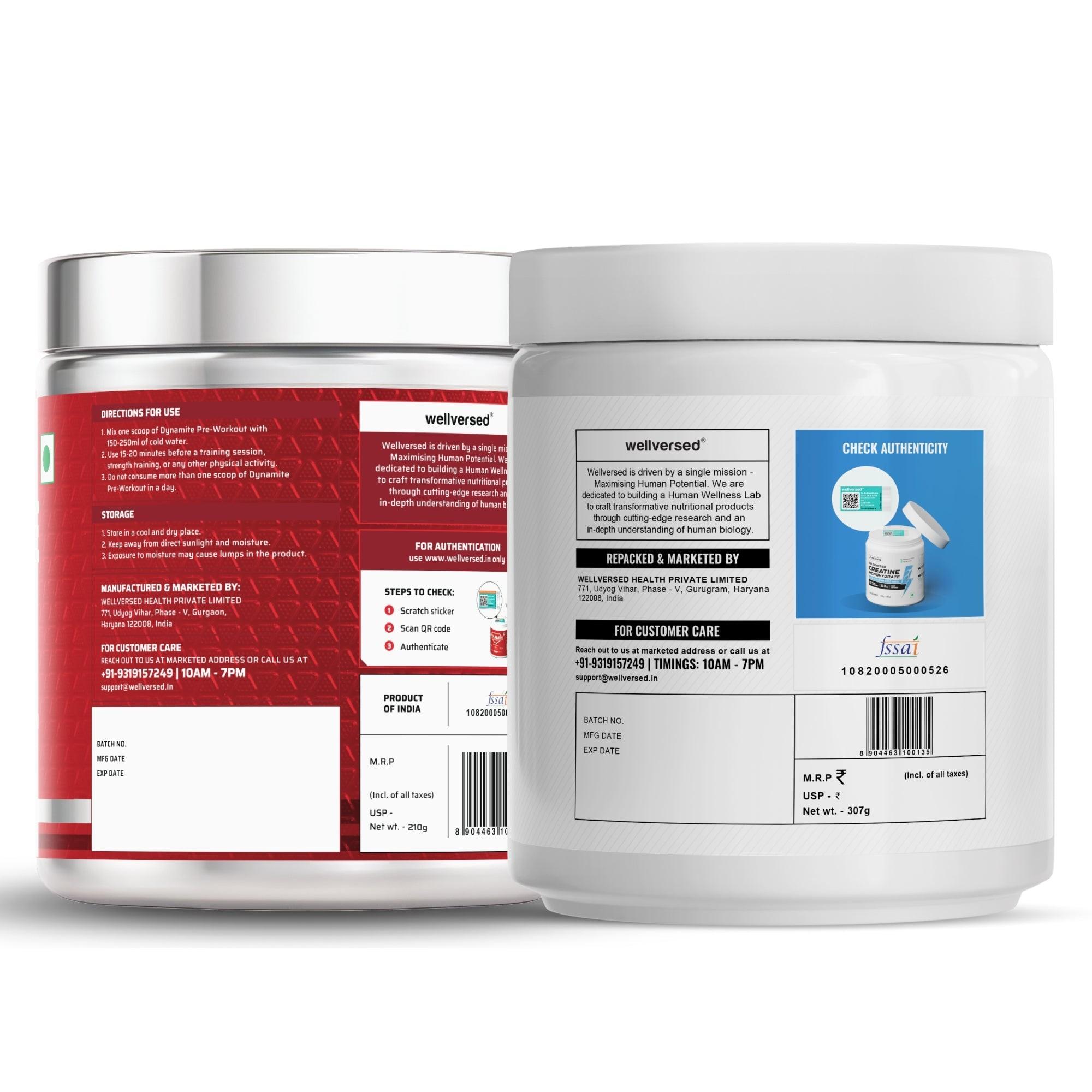 Wellcore Creatine Monohydrate Powder (307g, 83 Servings, Tropical Tango) + Dynamite Pre-Workout Powder (210g,15 Servings, Fruit Blast)