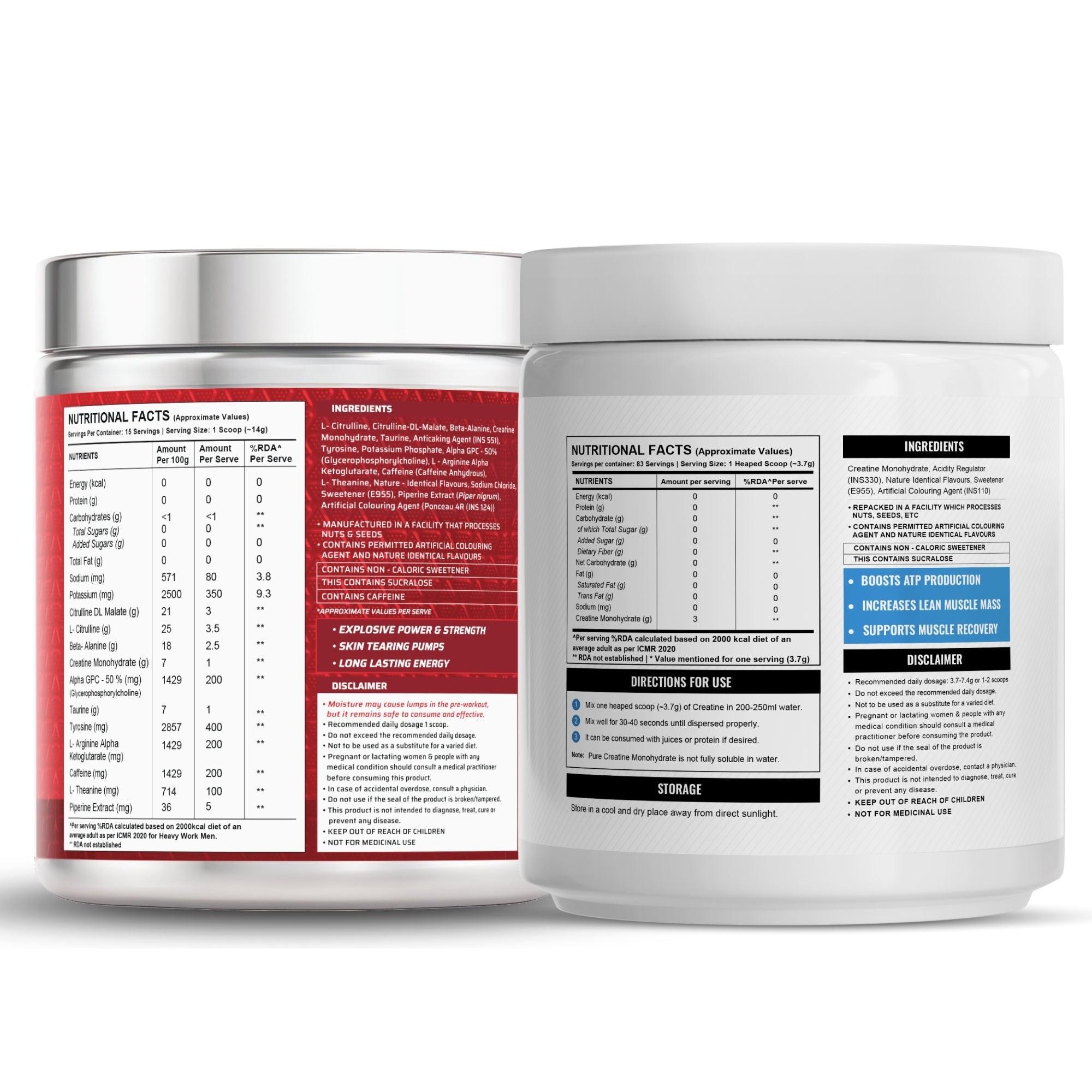 Wellcore Creatine Monohydrate Powder (307g, 83 Servings, Tropical Tango) + Dynamite Pre-Workout Powder (210g,15 Servings, Fruit Blast)
