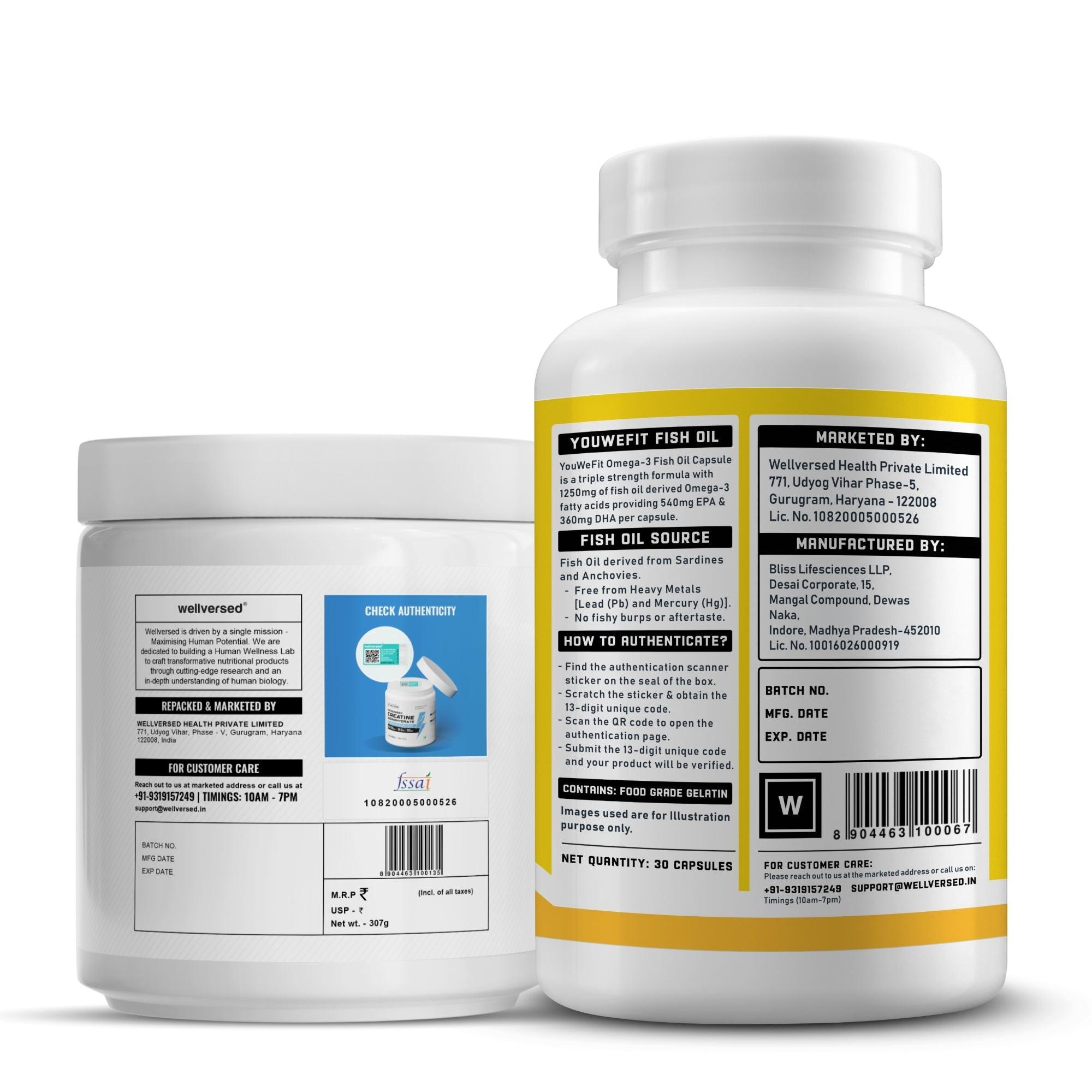 Wellcore Creatine Monohydrate (Tropical Tango, 83 Servings) + YouWeFit Omega-3 Triple Strength Fish Oil (1250mg, 30 Capsules)