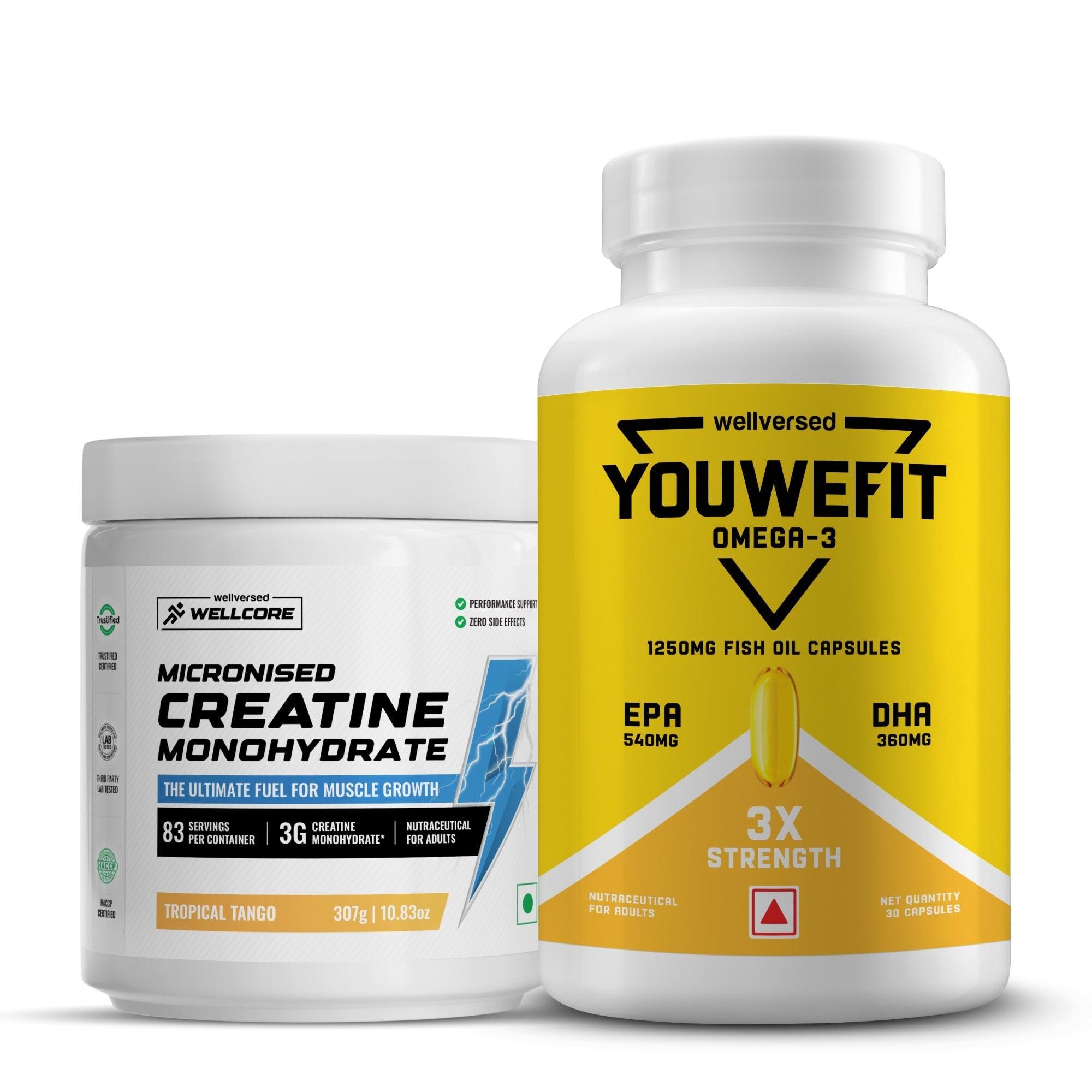 Wellcore Creatine Monohydrate (Tropical Tango, 83 Servings) + YouWeFit Omega-3 Triple Strength Fish Oil (1250mg, 30 Capsules)