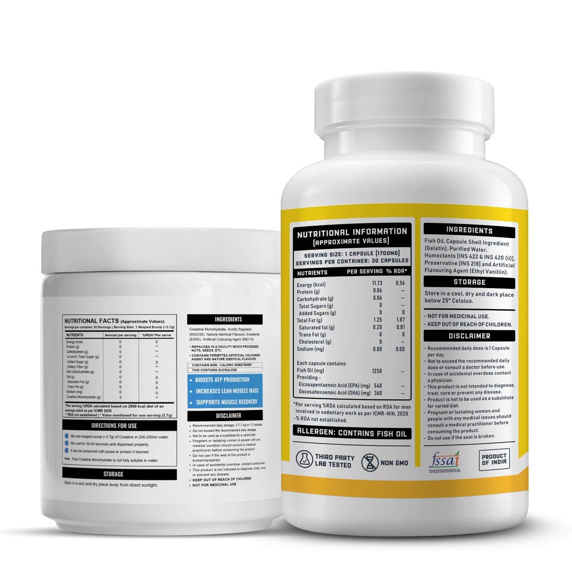 Wellcore Creatine Monohydrate (Tropical Tango, 83 Servings) + YouWeFit Omega-3 Triple Strength Fish Oil (1250mg, 30 Capsules)