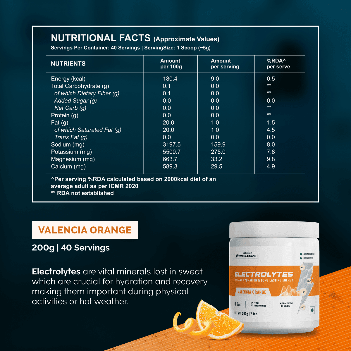 Wellcore - Electrolytes  - Orange - Zero Sugar Electrolyte Powder