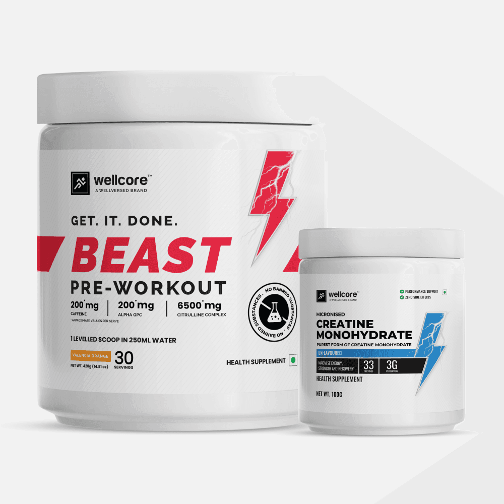 Wellcore - Explosive Energy COMBO - Creatine Monohydrate (100g, 33 Servings) & Beast Mode Pre Workout (420g, 30 Servings)
