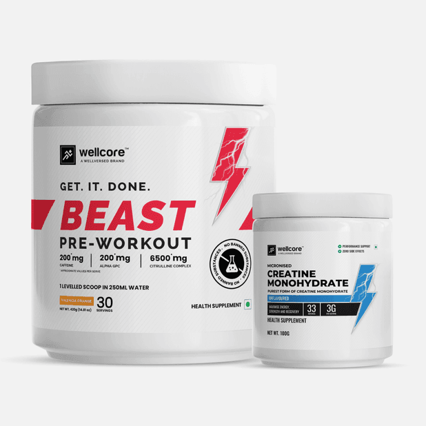 Wellcore - Explosive Energy COMBO - Creatine Monohydrate (100g, 33 Servings) & Beast Mode Pre Workout (420g, 30 Servings)