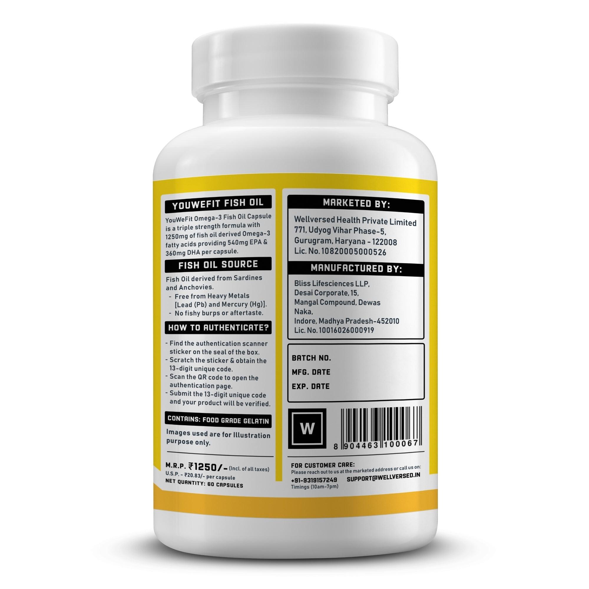 YouWeFit Omega-3 Fish Oil (60 Capsules), 1250mg