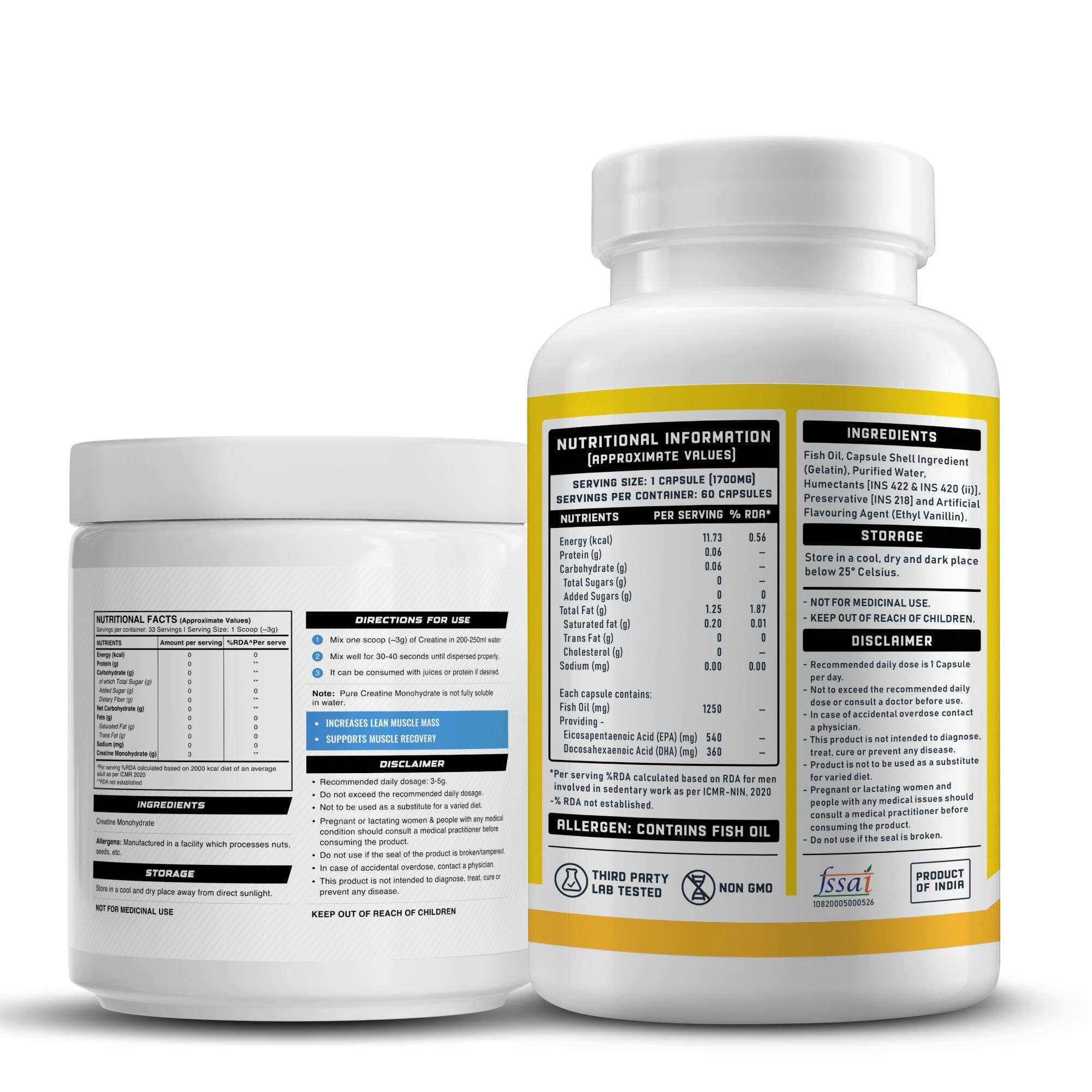 YouWeFit Omega-3 Fish Oil (60 Capsules), 1250mg + Wellcore Creatine Monohydrate (100gm, 33 Servings)