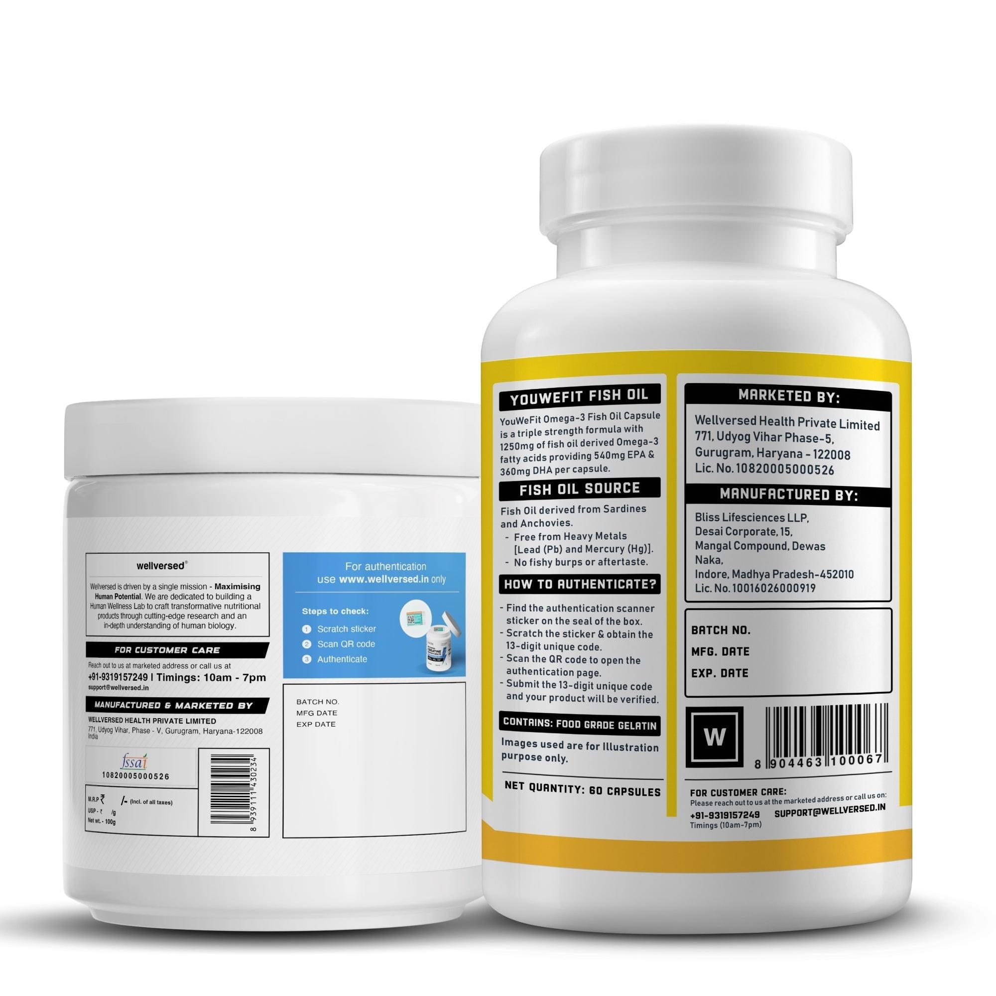 YouWeFit Omega-3 Fish Oil (60 Capsules), 1250mg + Wellcore Creatine Monohydrate (100gm, 33 Servings)