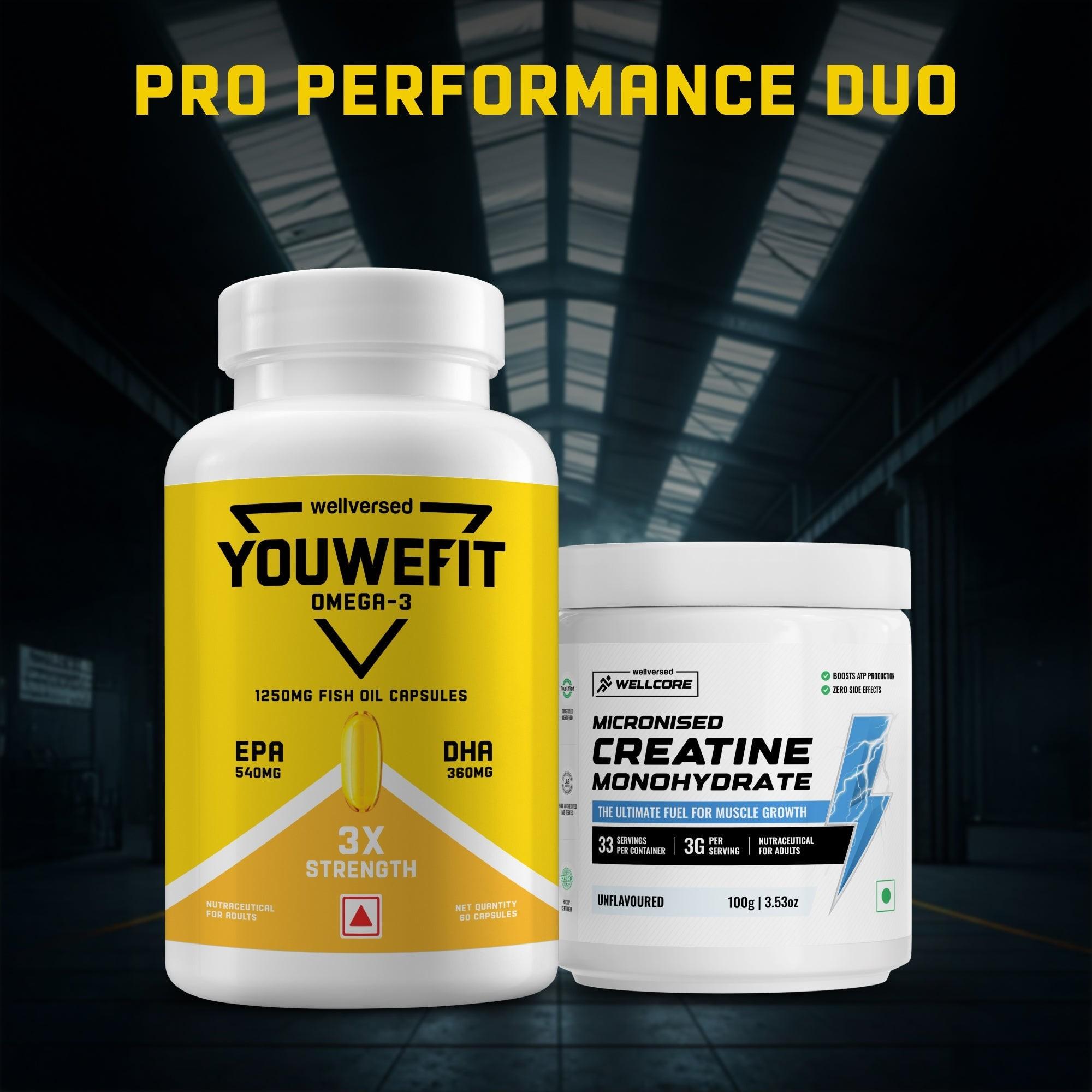 YouWeFit Omega-3 Fish Oil (60 Capsules), 1250mg + Wellcore Creatine Monohydrate (100gm, 33 Servings)