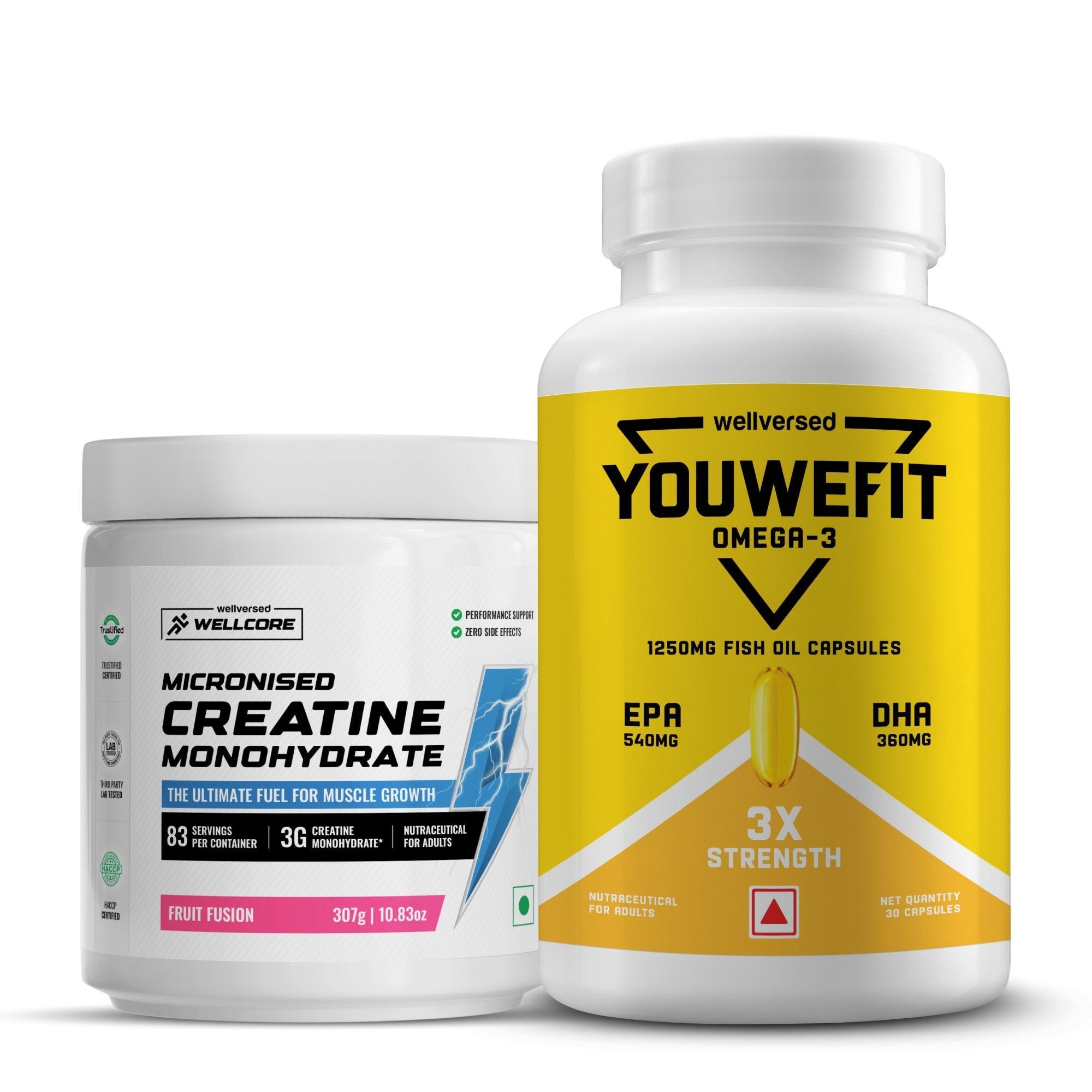 Wellcore Creatine Monohydrate (Fruit Fusion, 83 Servings) + YouWeFit Omega-3 Triple Strength Fish Oil (1250mg, 30 Capsules)