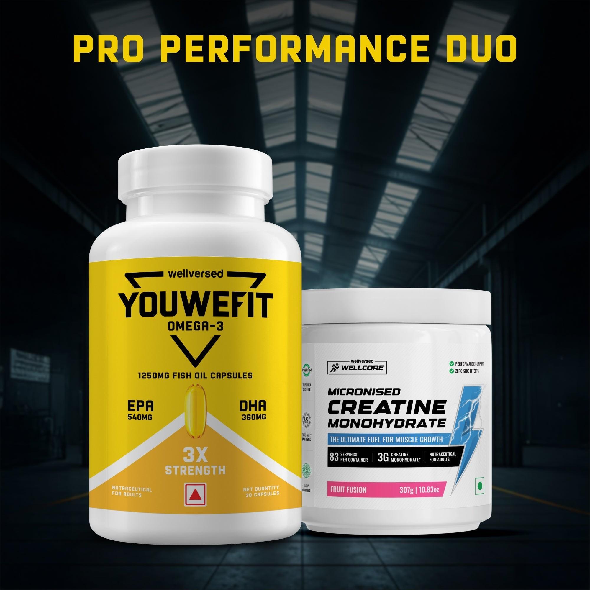 Wellcore Creatine Monohydrate (Fruit Fusion, 83 Servings) + YouWeFit Omega-3 Triple Strength Fish Oil (1250mg, 30 Capsules)