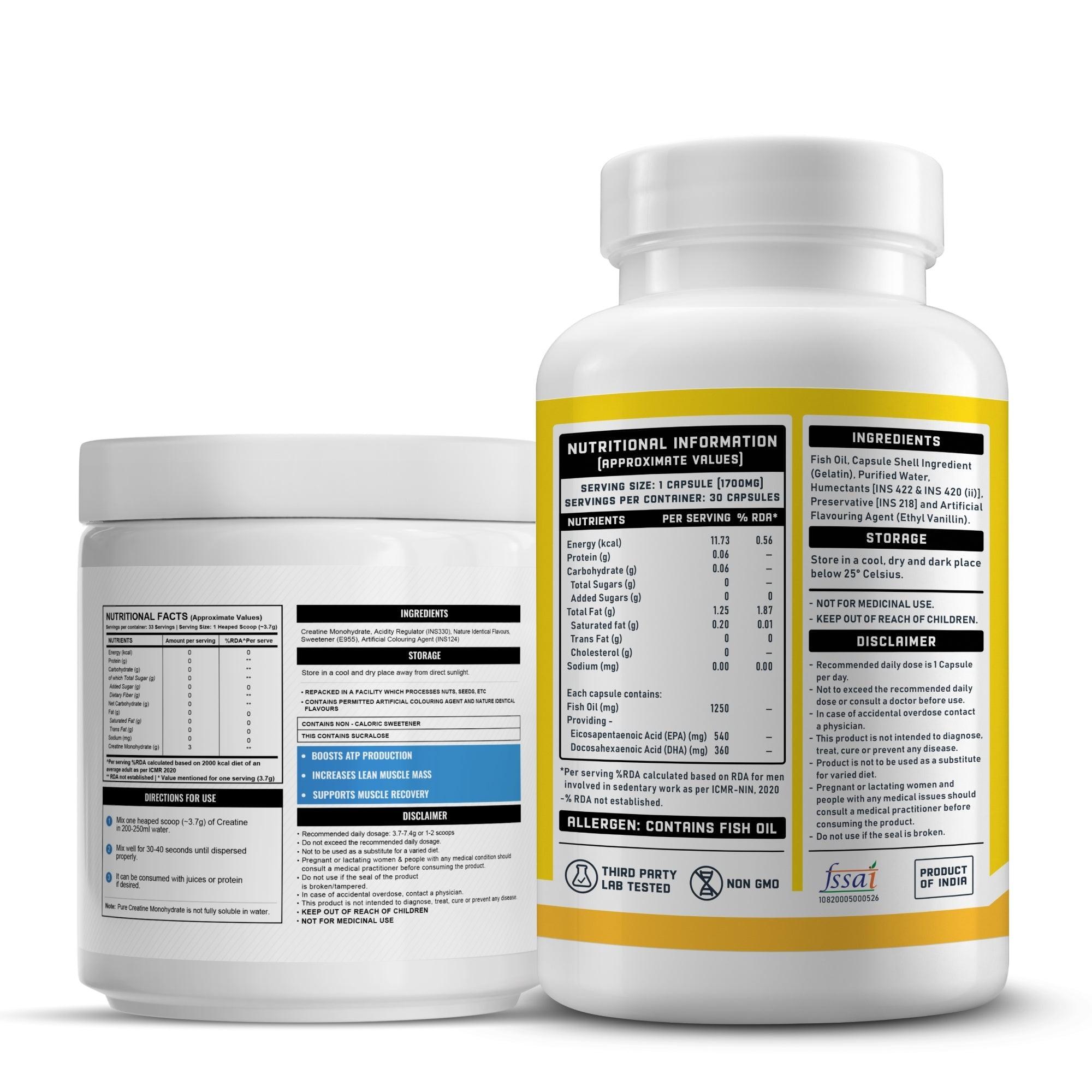 Wellcore Creatine Monohydrate (Fruit Fusion, 33 Servings) + YouWeFit Omega-3 Triple Strength Fish Oil (1250mg, 30 Capsules)