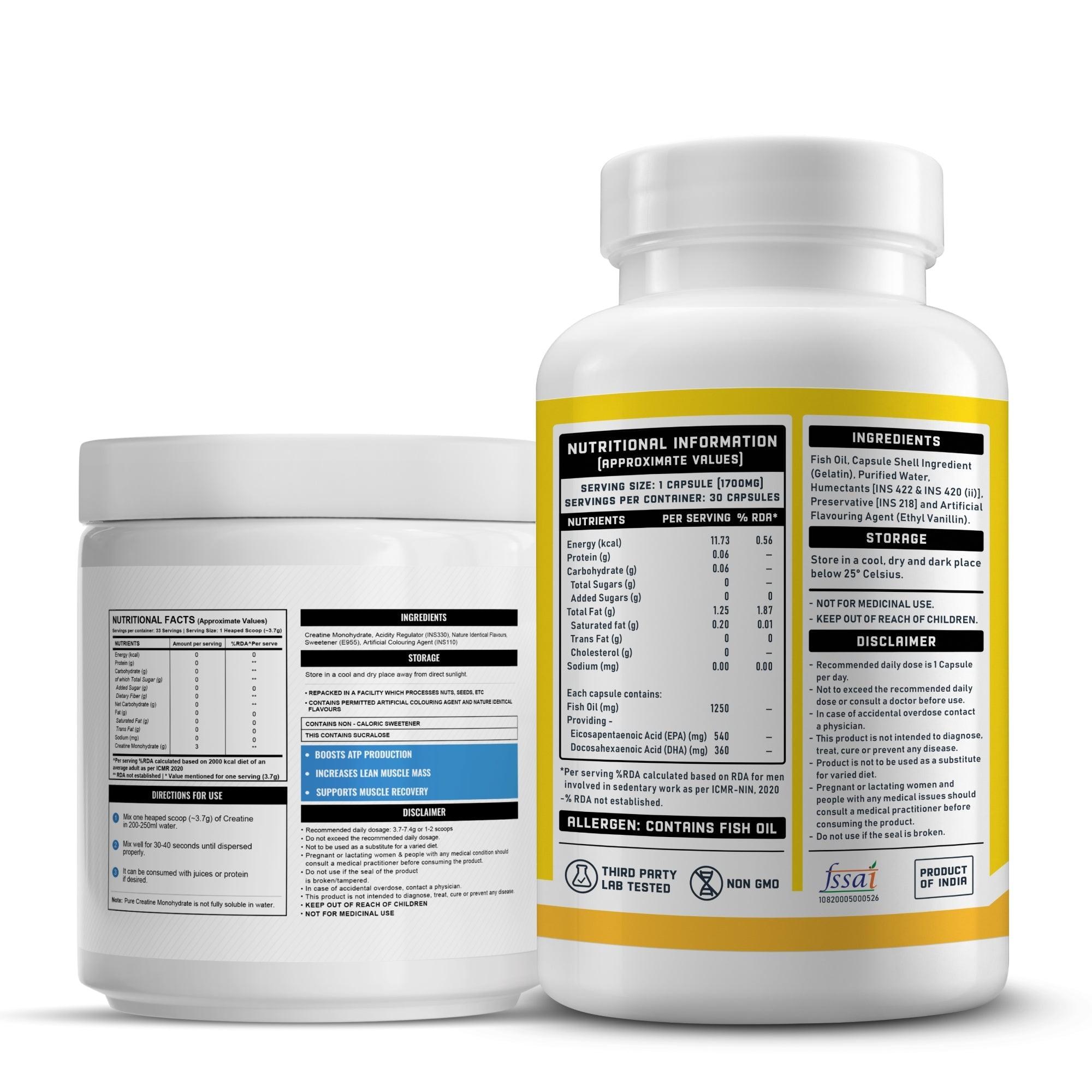 Wellcore Creatine Monohydrate (Tropical Tango, 33 Servings) + YouWeFit Omega-3 Triple Strength Fish Oil (1250mg, 30 Capsules)