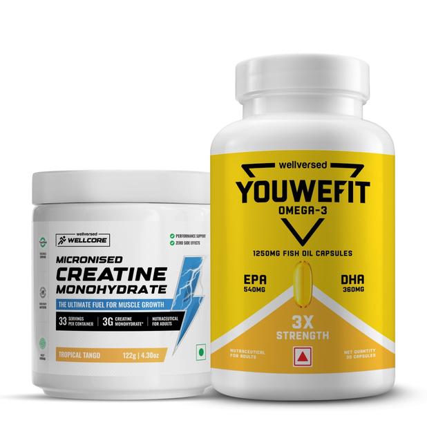 Wellcore Creatine Monohydrate (Tropical Tango, 33 Servings) + YouWeFit Omega-3 Triple Strength Fish Oil (1250mg, 30 Capsules)