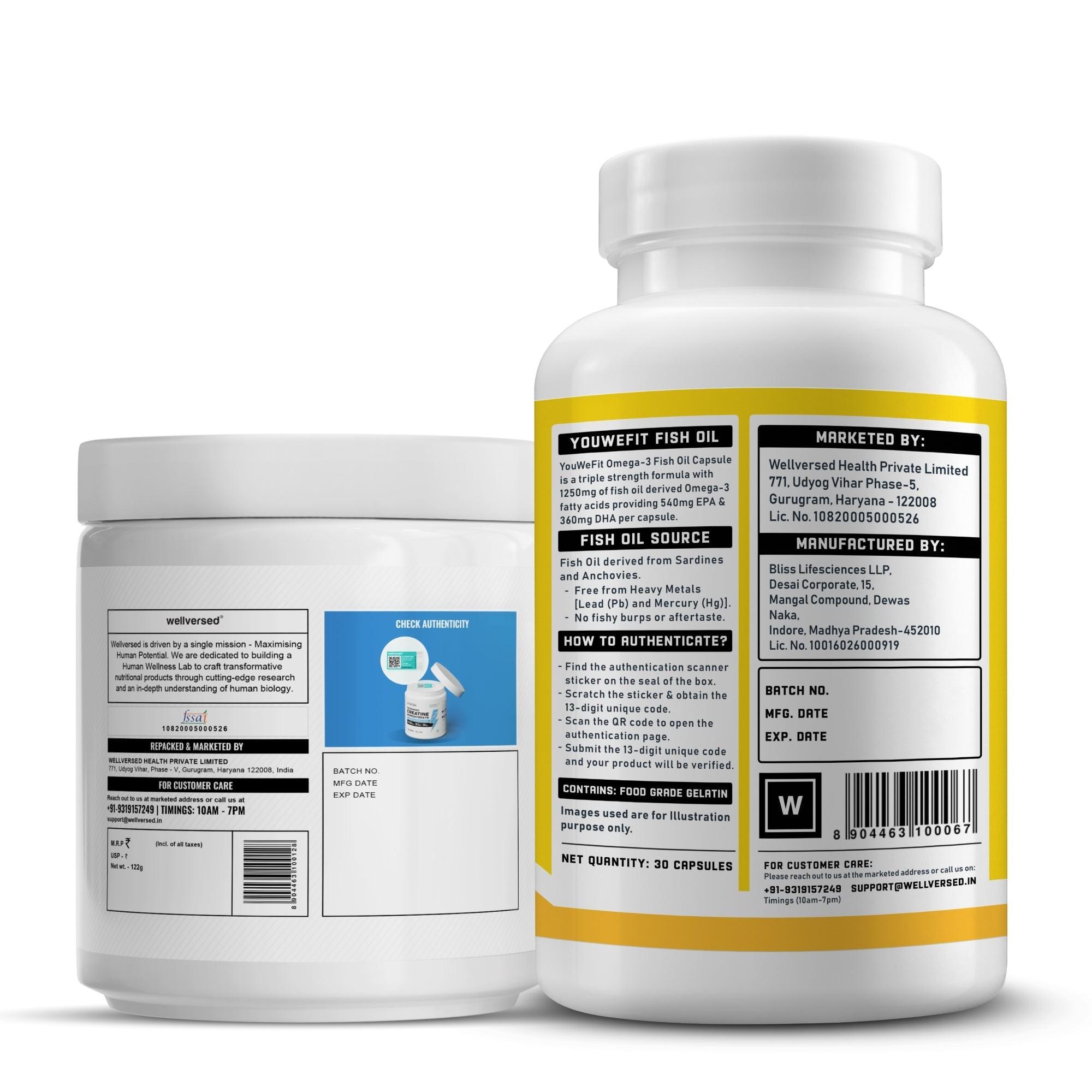 Wellcore Creatine Monohydrate (Tropical Tango, 33 Servings) + YouWeFit Omega-3 Triple Strength Fish Oil (1250mg, 30 Capsules)