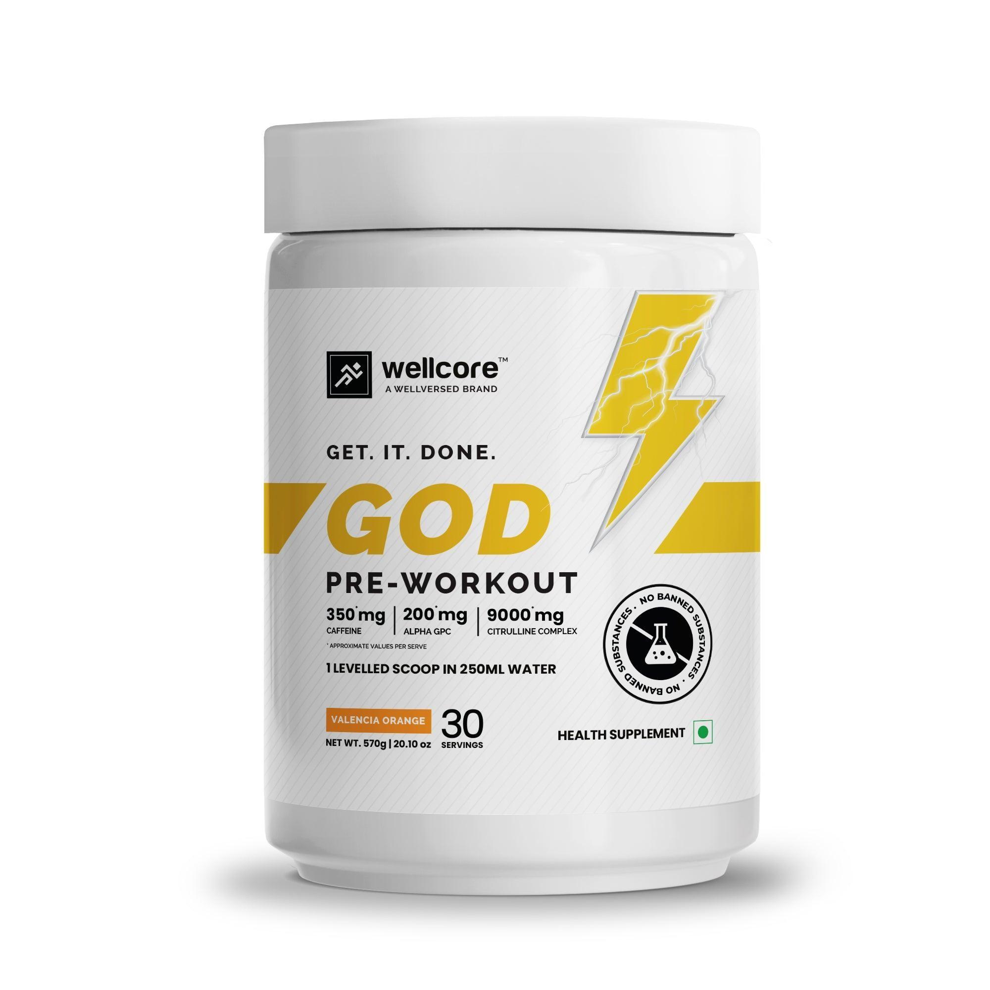 Wellcore - God Mode Pre Workout Supplement | Valencia Orange - (570g, 30 Servings)