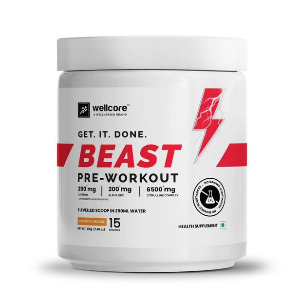 Wellcore - Beast Mode Pre Workout Supplement | Valencia Orange - (210g, 15 Servs)
