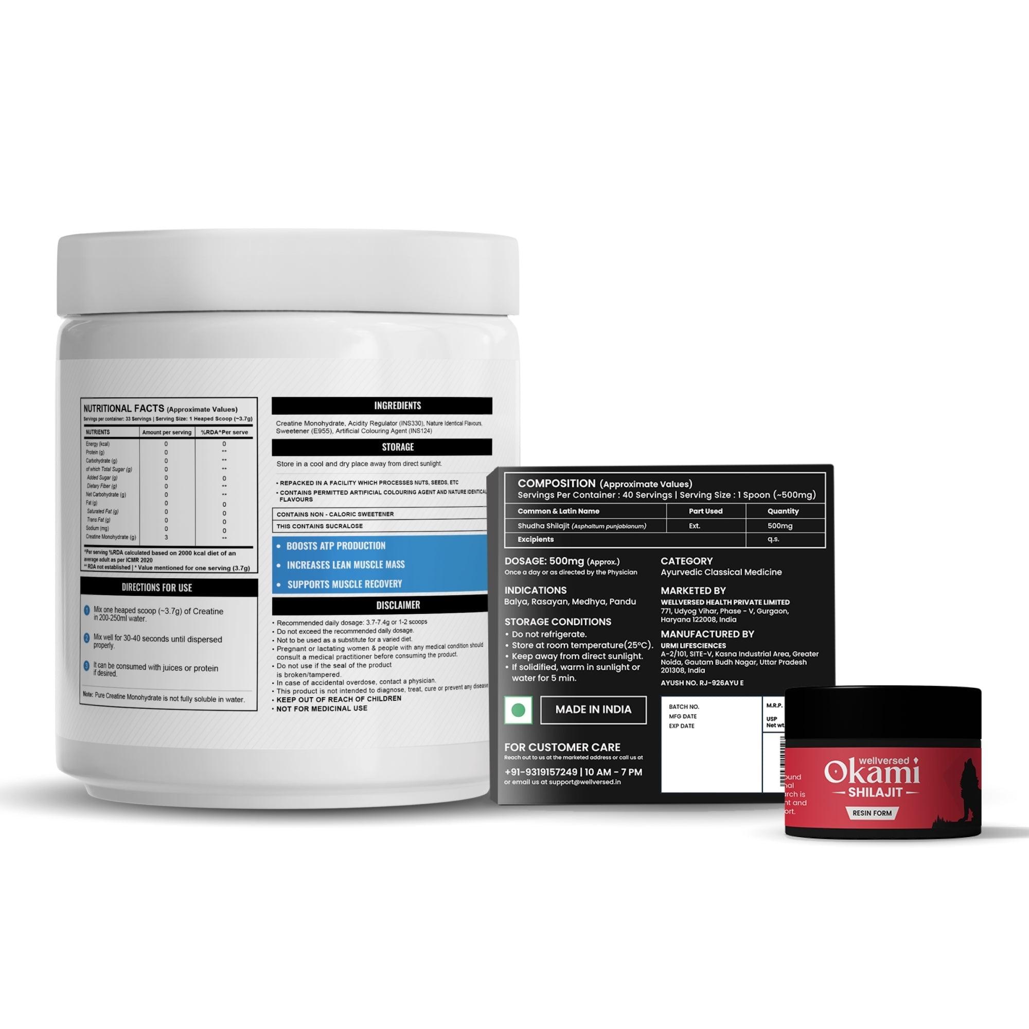 Wellcore Creatine (33 Servings, Fruit Fusion) + Okami Shilajit Resin (20g)