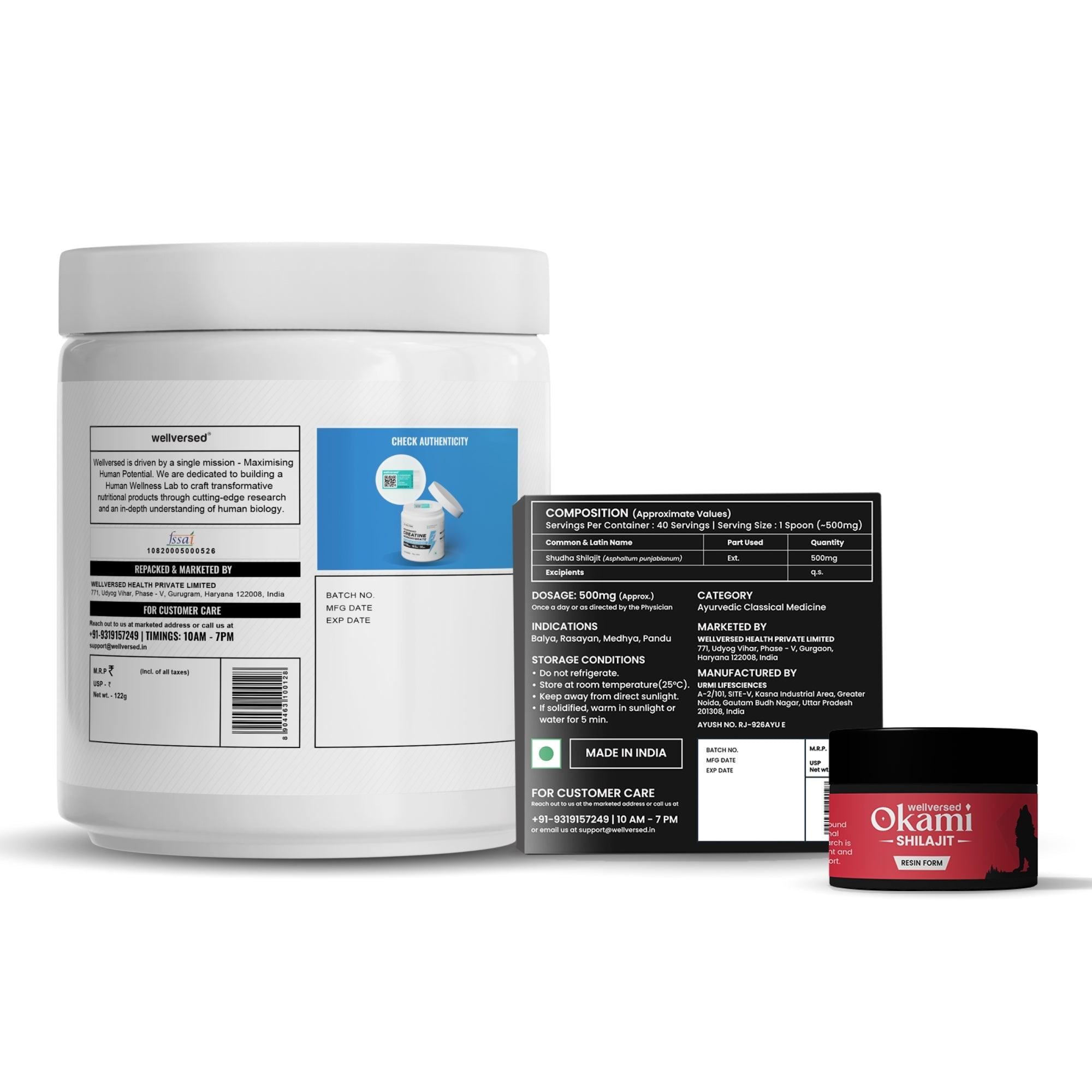 Wellcore Creatine (33 Servings, Fruit Fusion) + Okami Shilajit Resin (20g)