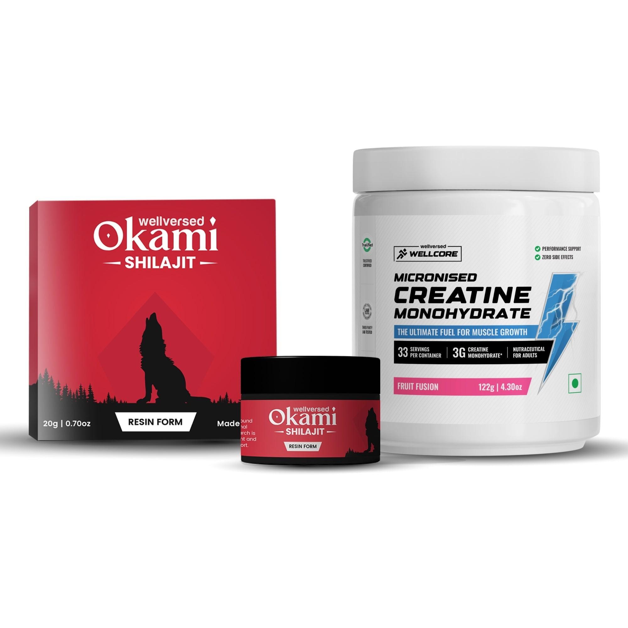 Wellcore Creatine (33 Servings, Fruit Fusion) + Okami Shilajit Resin (20g)