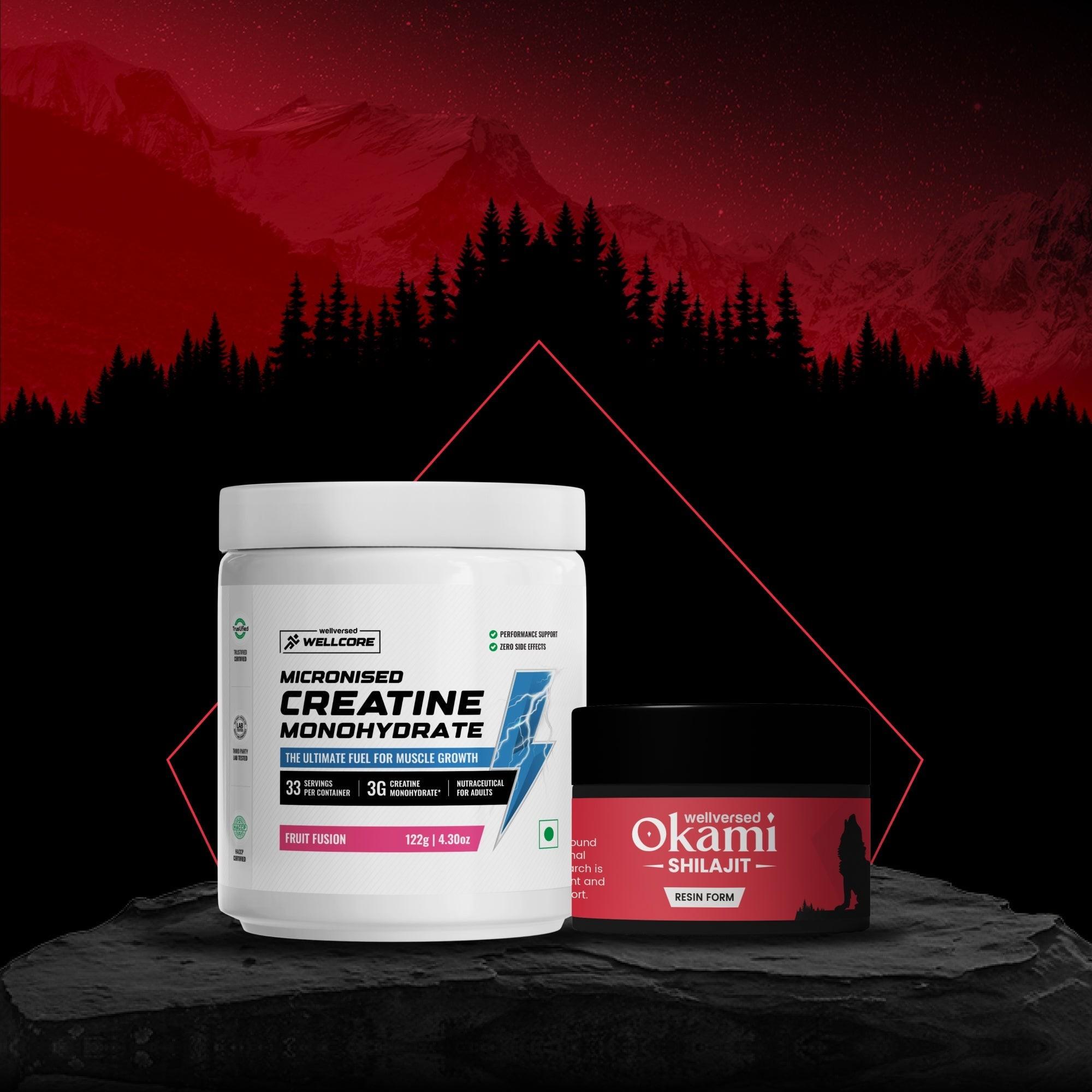 Wellcore Creatine (33 Servings, Fruit Fusion) + Okami Shilajit Resin (20g)