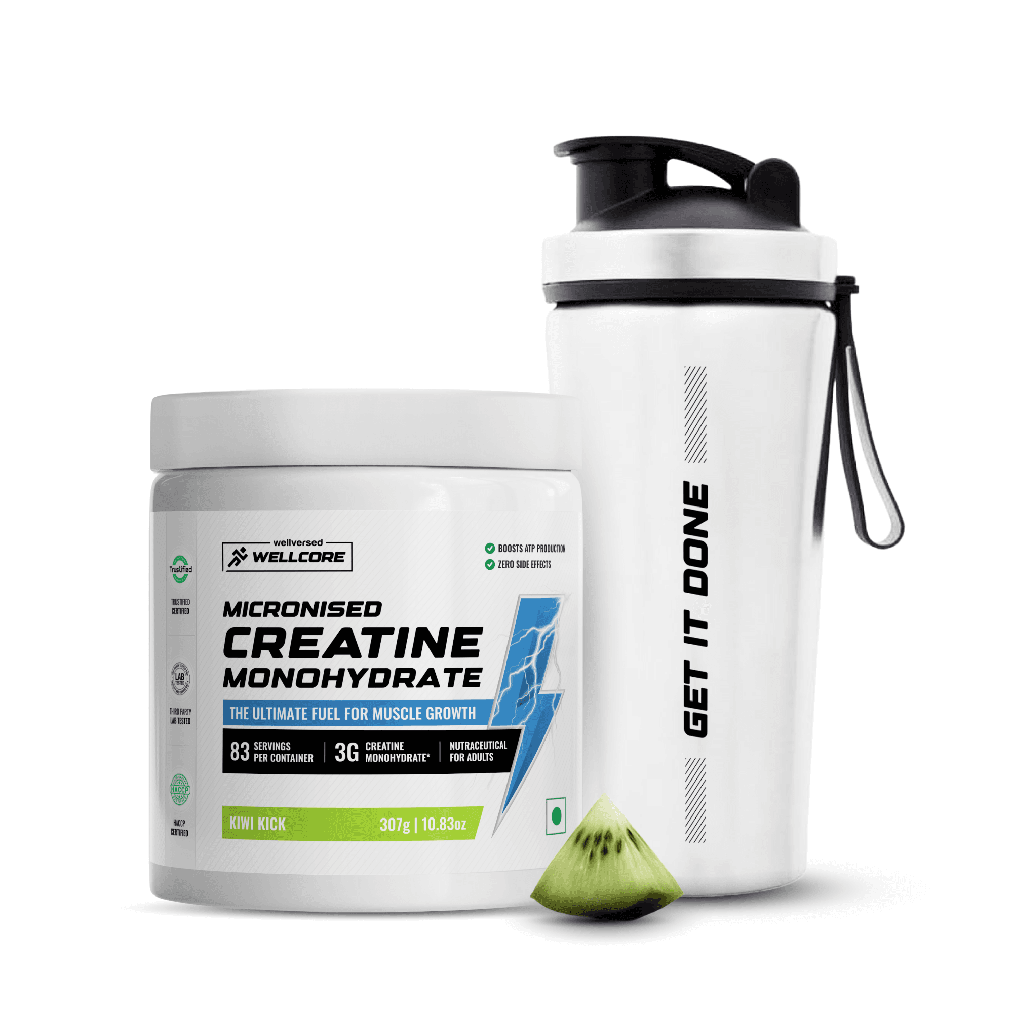Wellcore - Micronised Creatine Monohydrate (83 Servings, Kiwi Kick) + Premium Steel Shaker