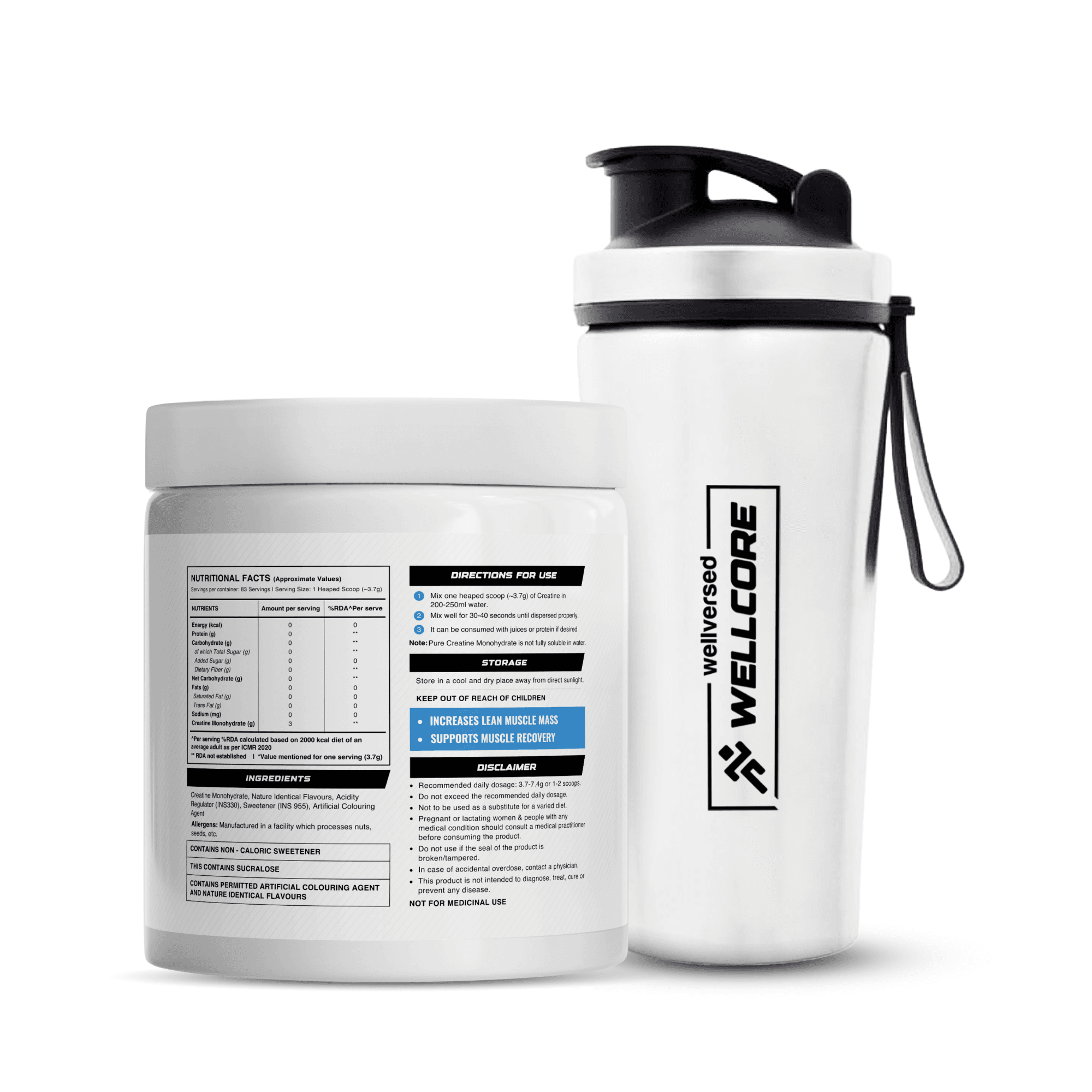 Wellcore - Micronised Creatine Monohydrate (83 Servings, Kiwi Kick) + Premium Steel Shaker
