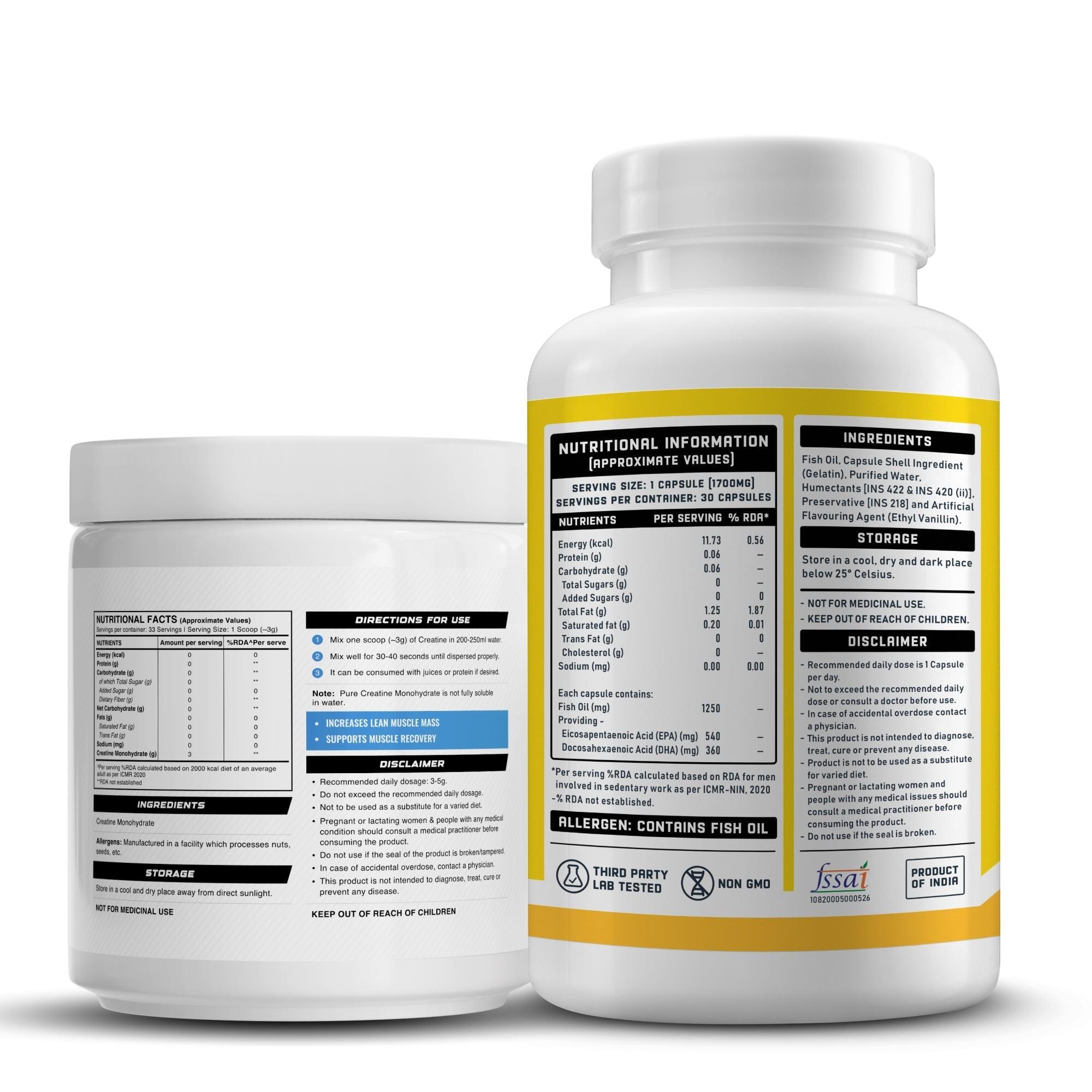 YouWeFit Omega-3 Fish Oil (30 Capsules), 1250mg + Wellcore Creatine Monohydrate (100gm, 33 Servings)