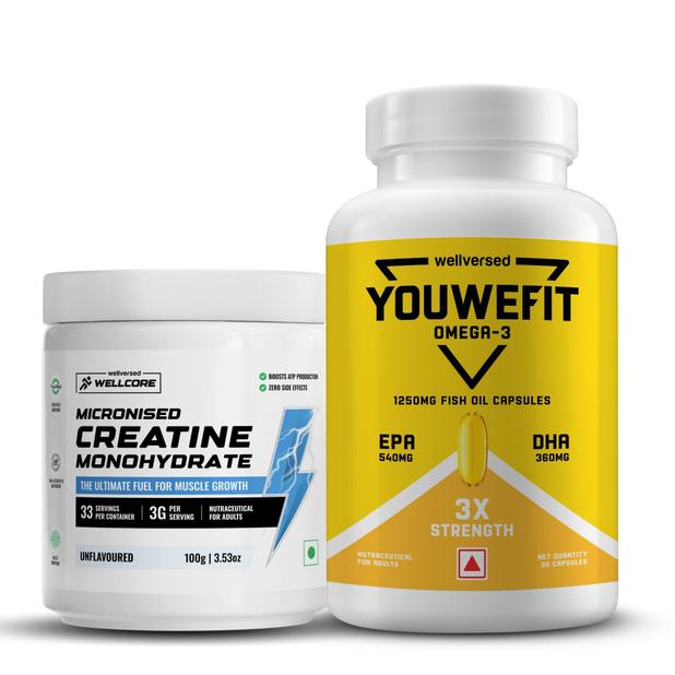 YouWeFit Omega-3 Fish Oil (30 Capsules), 1250mg + Wellcore Creatine Monohydrate (100gm, 33 Servings)