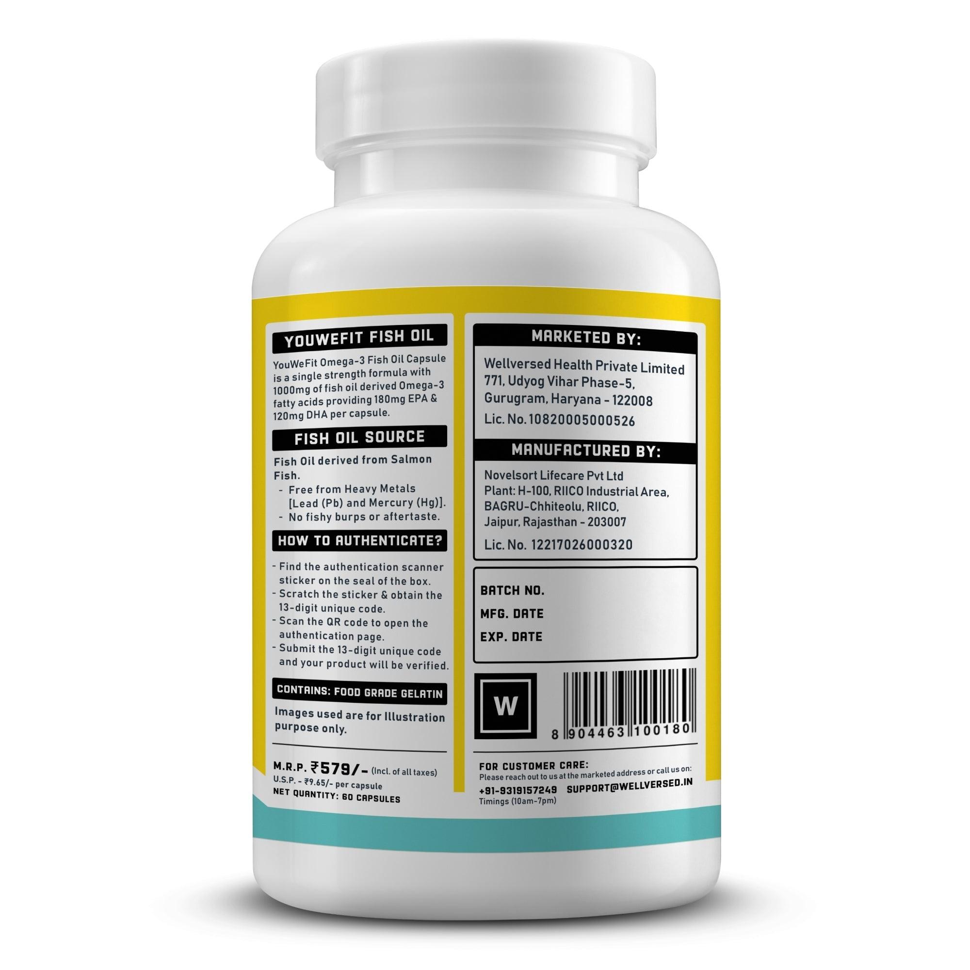 YouWeFit Omega-3 Fish Oil (60 Capsules), 1000mg