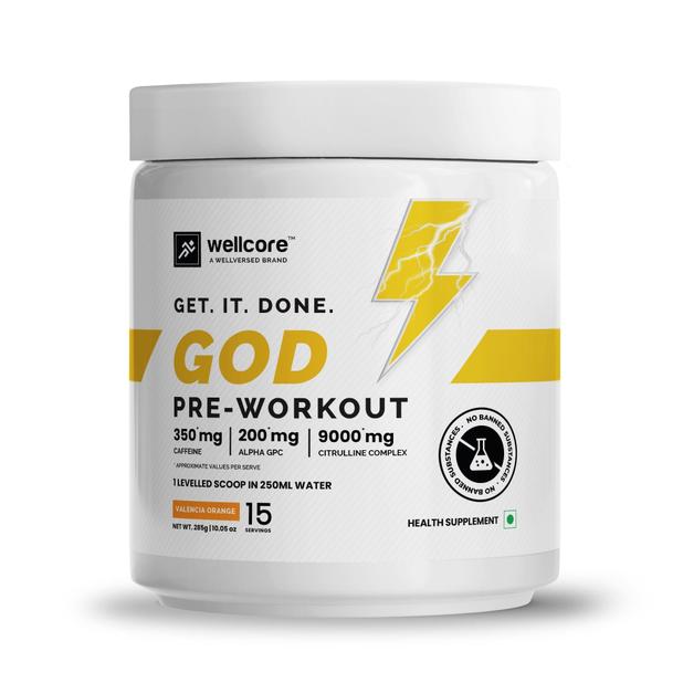 Wellcore - God Mode Pre Workout Supplement | Valencia Orange - (285g, 15 Servings)