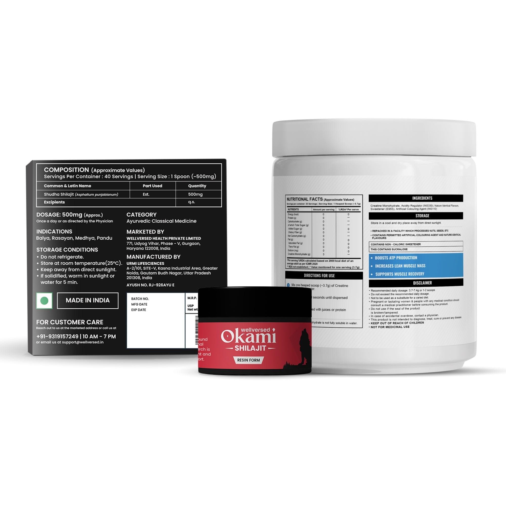 Wellcore Creatine (33 Servings, Tropical Tango) + Okami Shilajit Resin (20g)