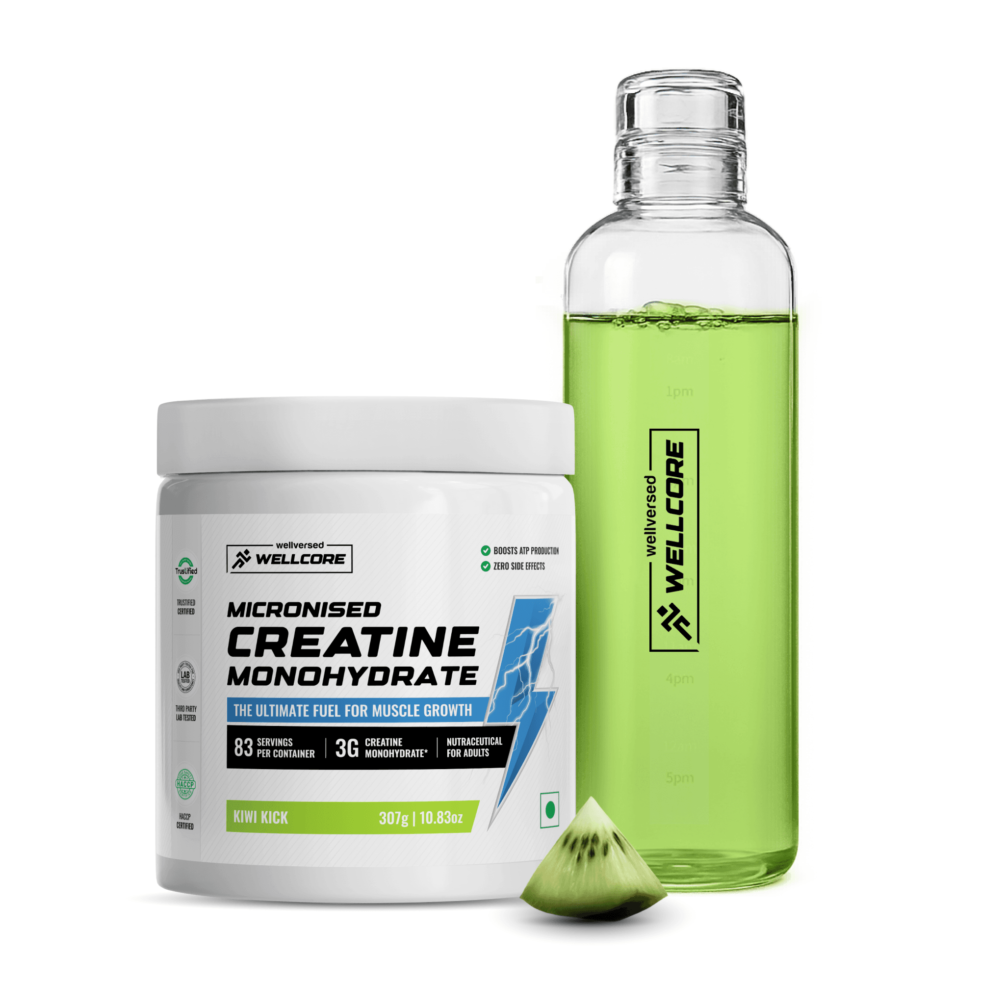 Wellcore - Micronised Creatine Monohydrate (83 Servings, Kiwi Kick) + Premium Glass Bottle